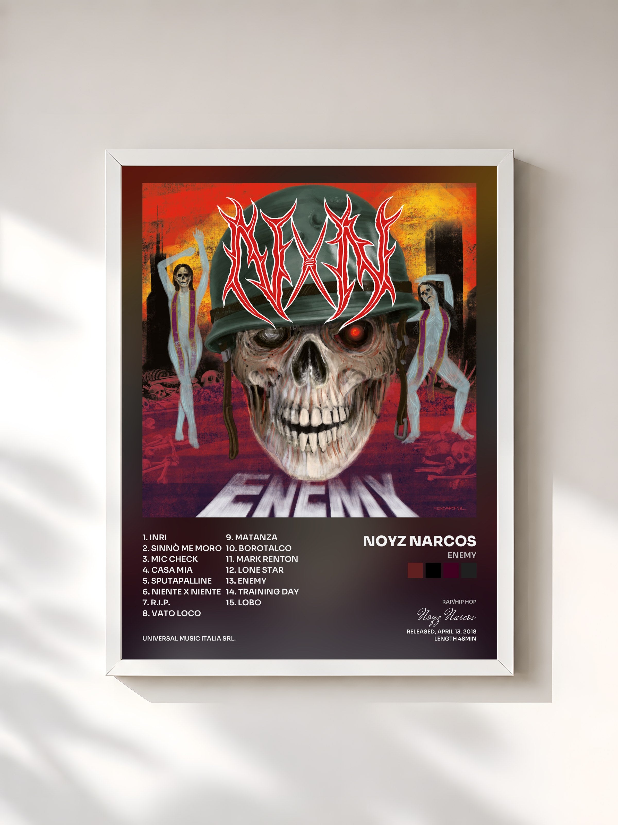 #blanc Tableau de l'album Enemy de Noyz Narcos, cadre blanc, imprimé et encadré en France