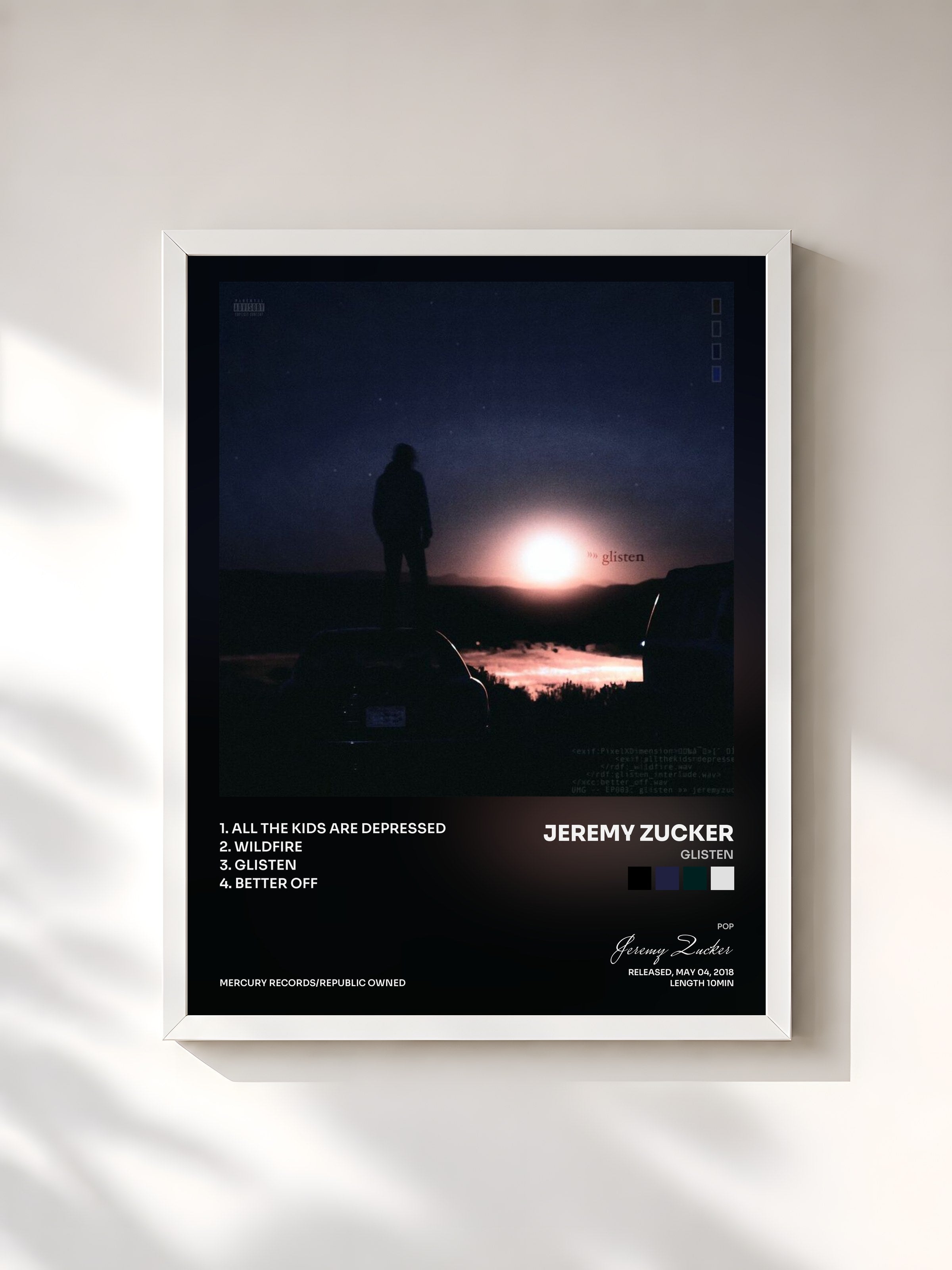 #blanc Tableau de l'album glisten de Jeremy Zucker, cadre blanc, imprimé et encadré en France