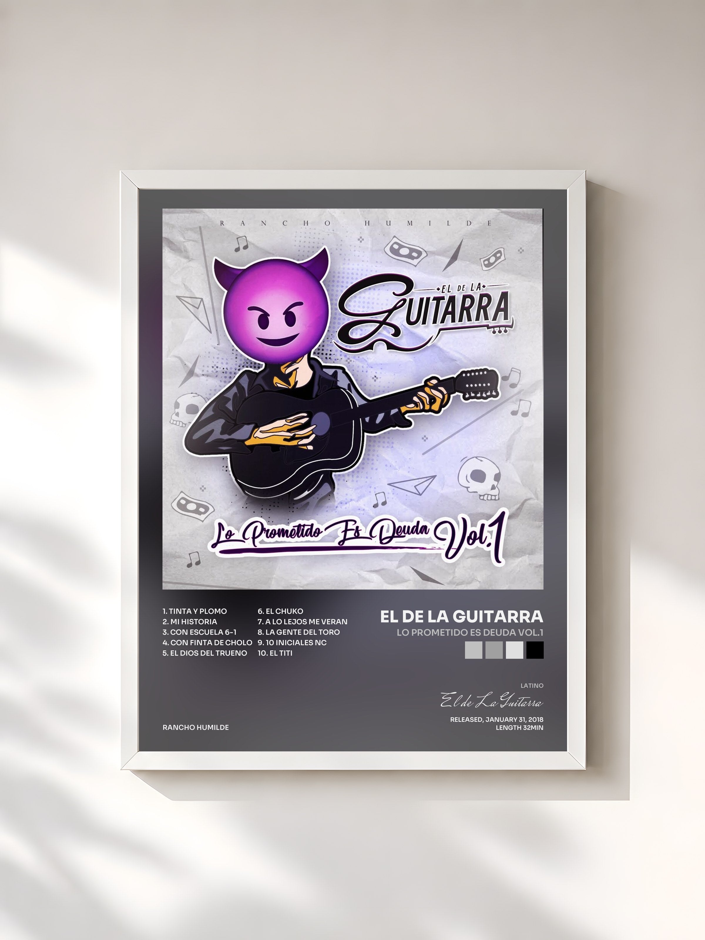#blanc Tableau de l'album Lo Prometido Es Deuda Vol.1 de El de La Guitarra, cadre blanc, imprimé et encadré en France