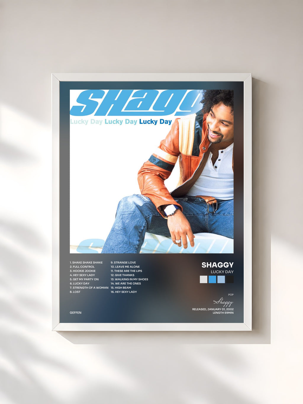 #blanc Tableau de l'album Lucky Day de Shaggy, cadre blanc, imprimé et encadré en France