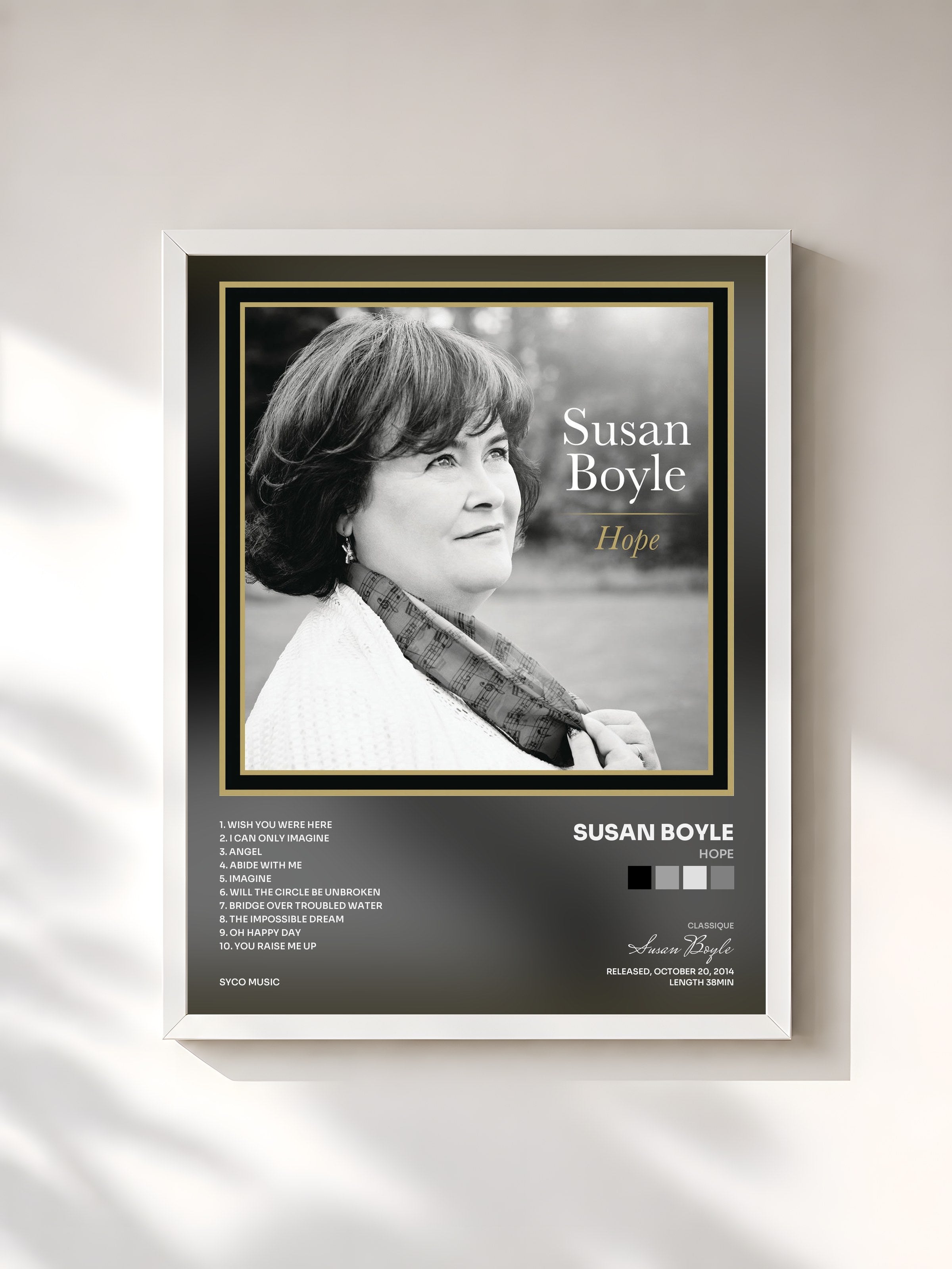 #blanc Tableau de l'album Hope de Susan Boyle, cadre blanc, imprimé et encadré en France