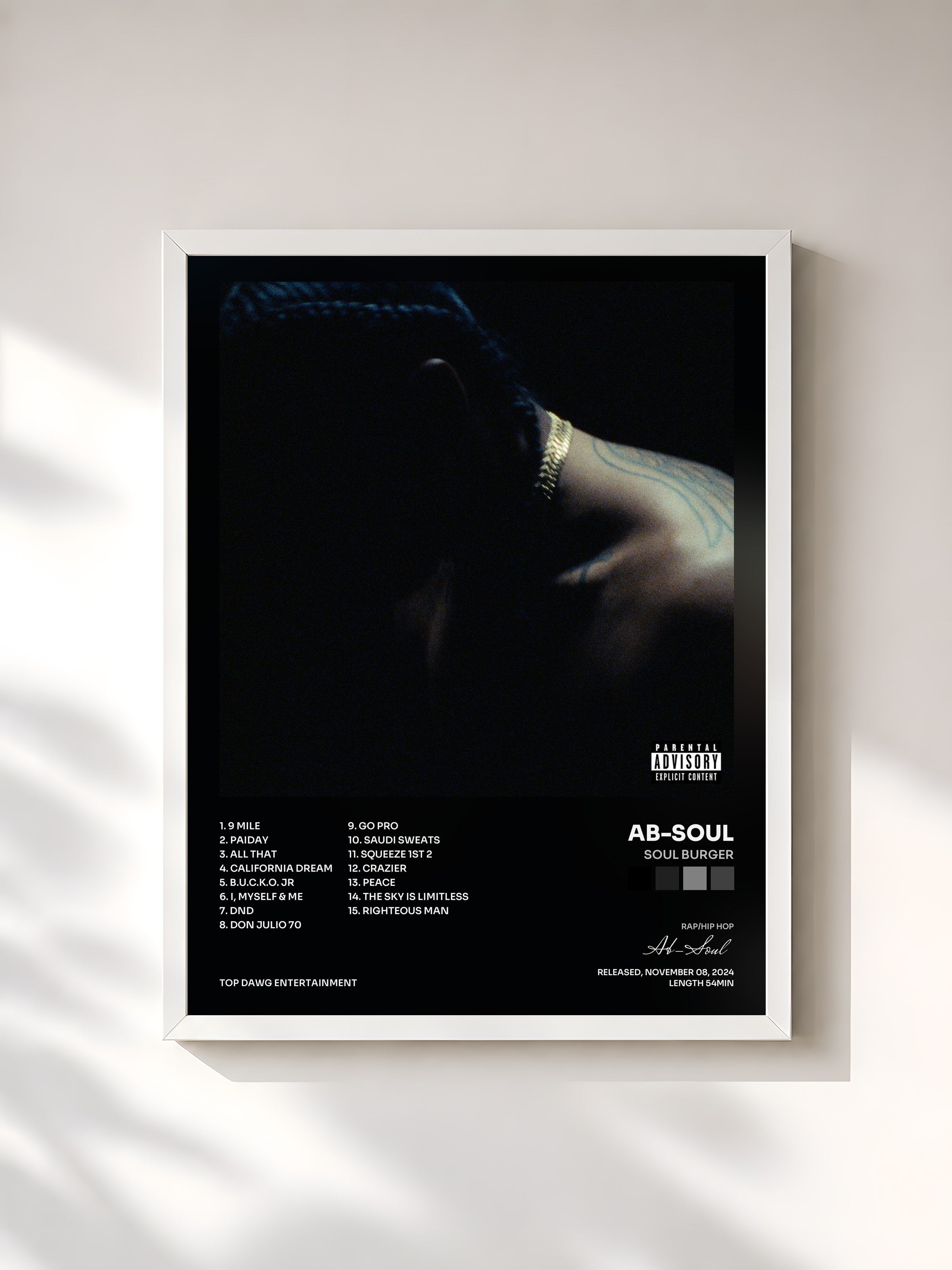 #blanc Tableau de l'album Soul Burger de Ab-Soul, cadre blanc, imprimé et encadré en France