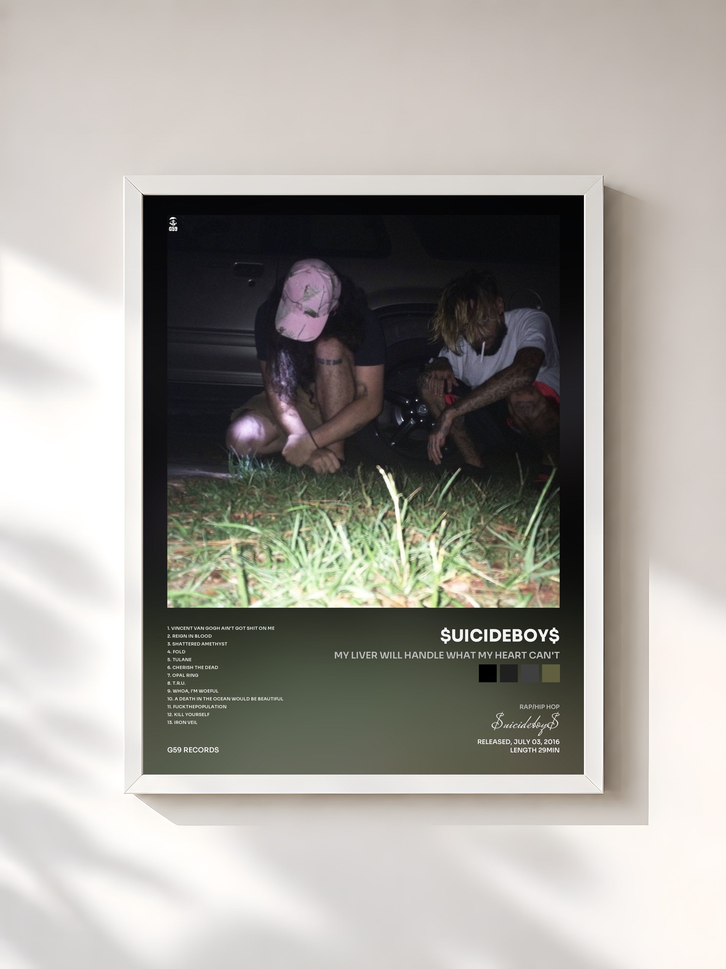 #blanc Tableau de l'album My Liver Will Handle What My Heart Can't de $uicideboy$, cadre blanc, imprimé et encadré en France
