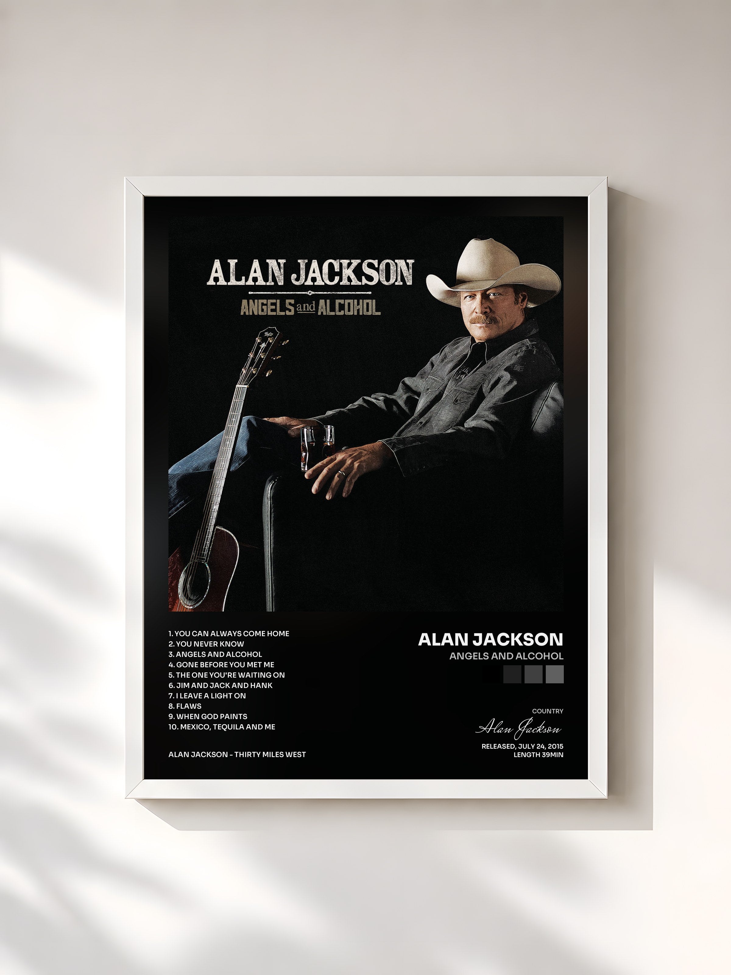 #blanc Tableau de l'album Angels And Alcohol de Alan Jackson, cadre blanc, imprimé et encadré en France