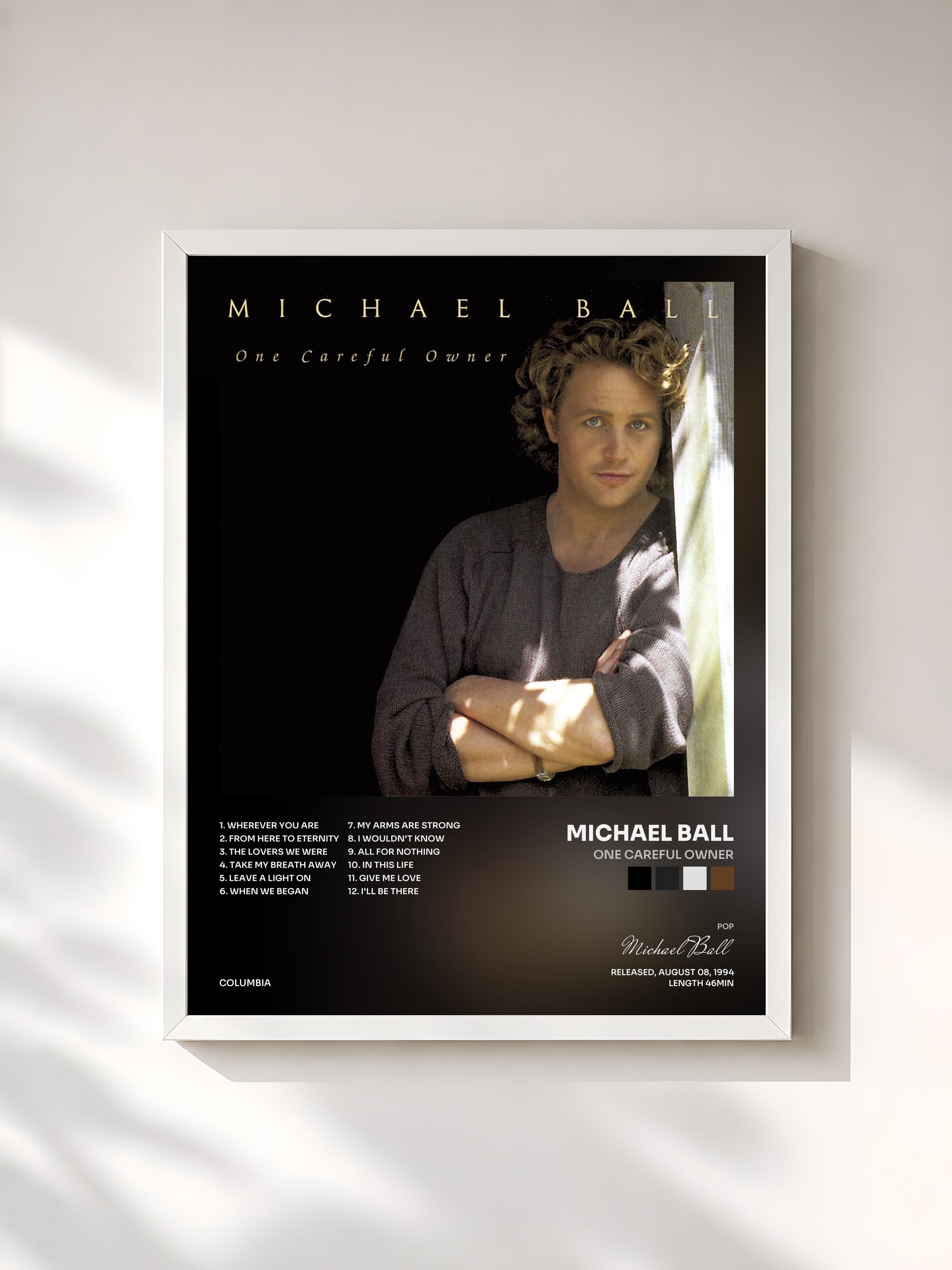 #blanc Tableau de l'album One Careful Owner de Michael Ball, cadre blanc, imprimé et encadré en France