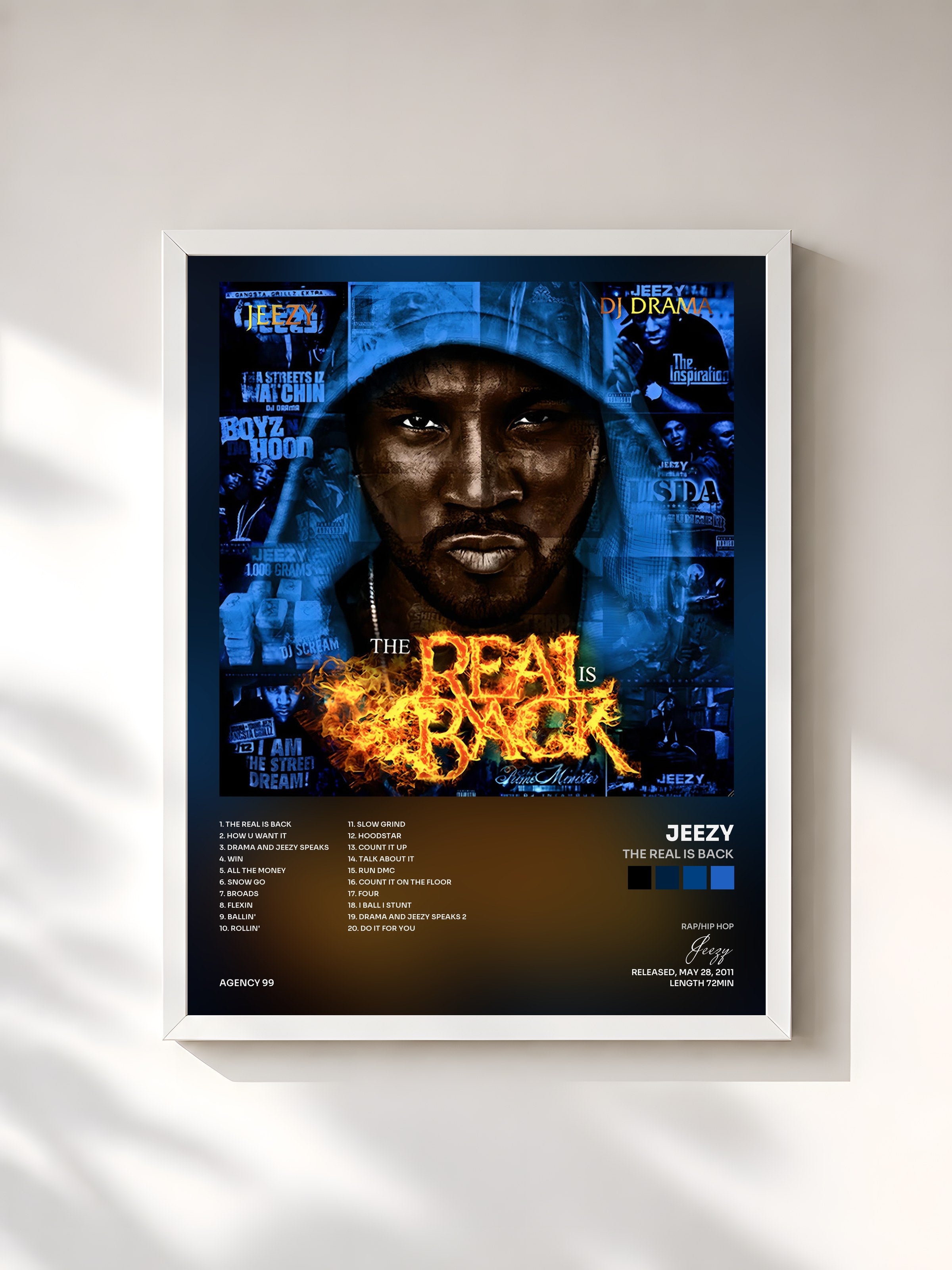 #blanc Tableau de l'album The Real Is Back de Jeezy, cadre blanc, imprimé et encadré en France