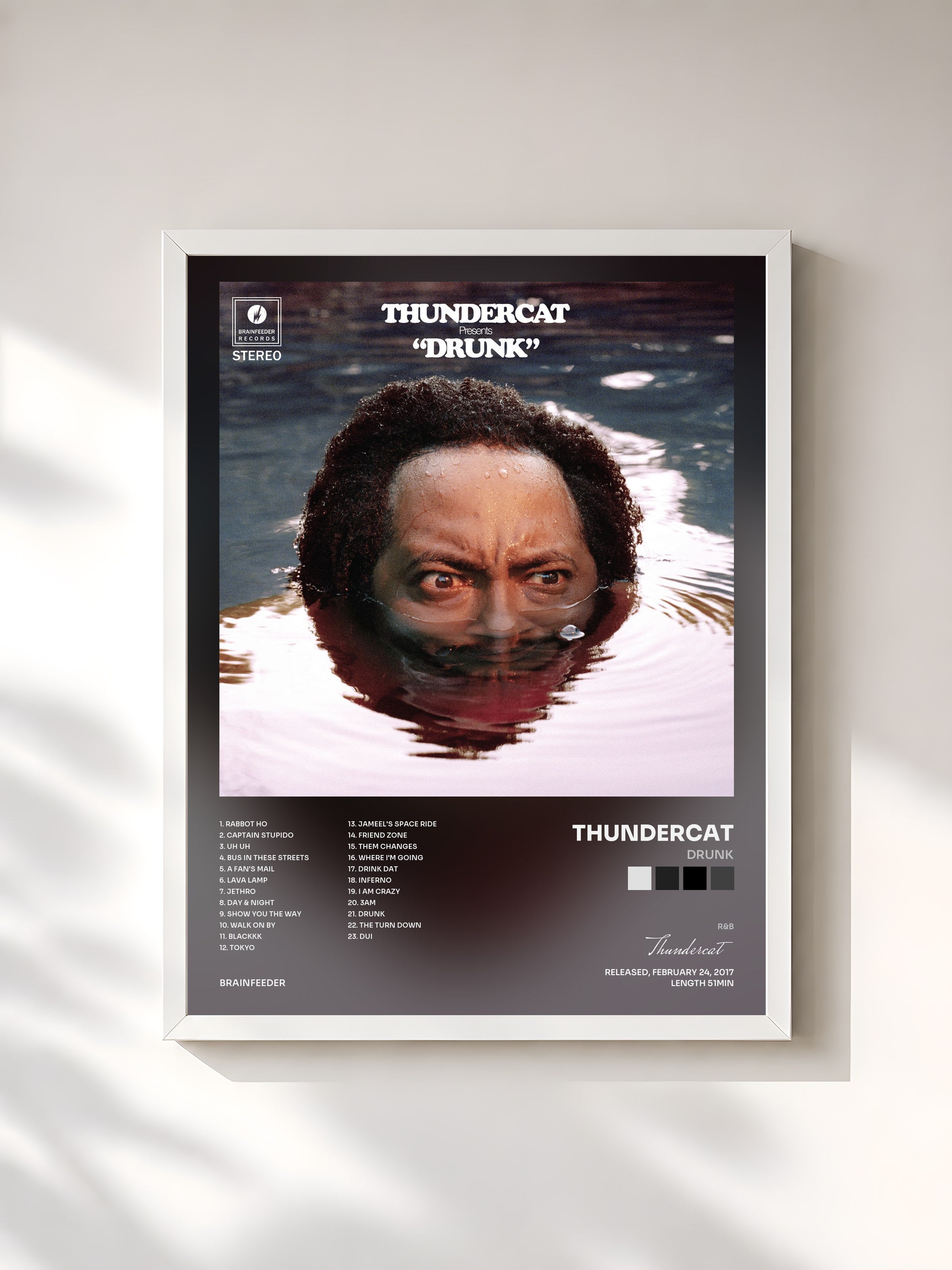 #blanc Tableau de l'album Drunk de Thundercat, cadre blanc, imprimé et encadré en France