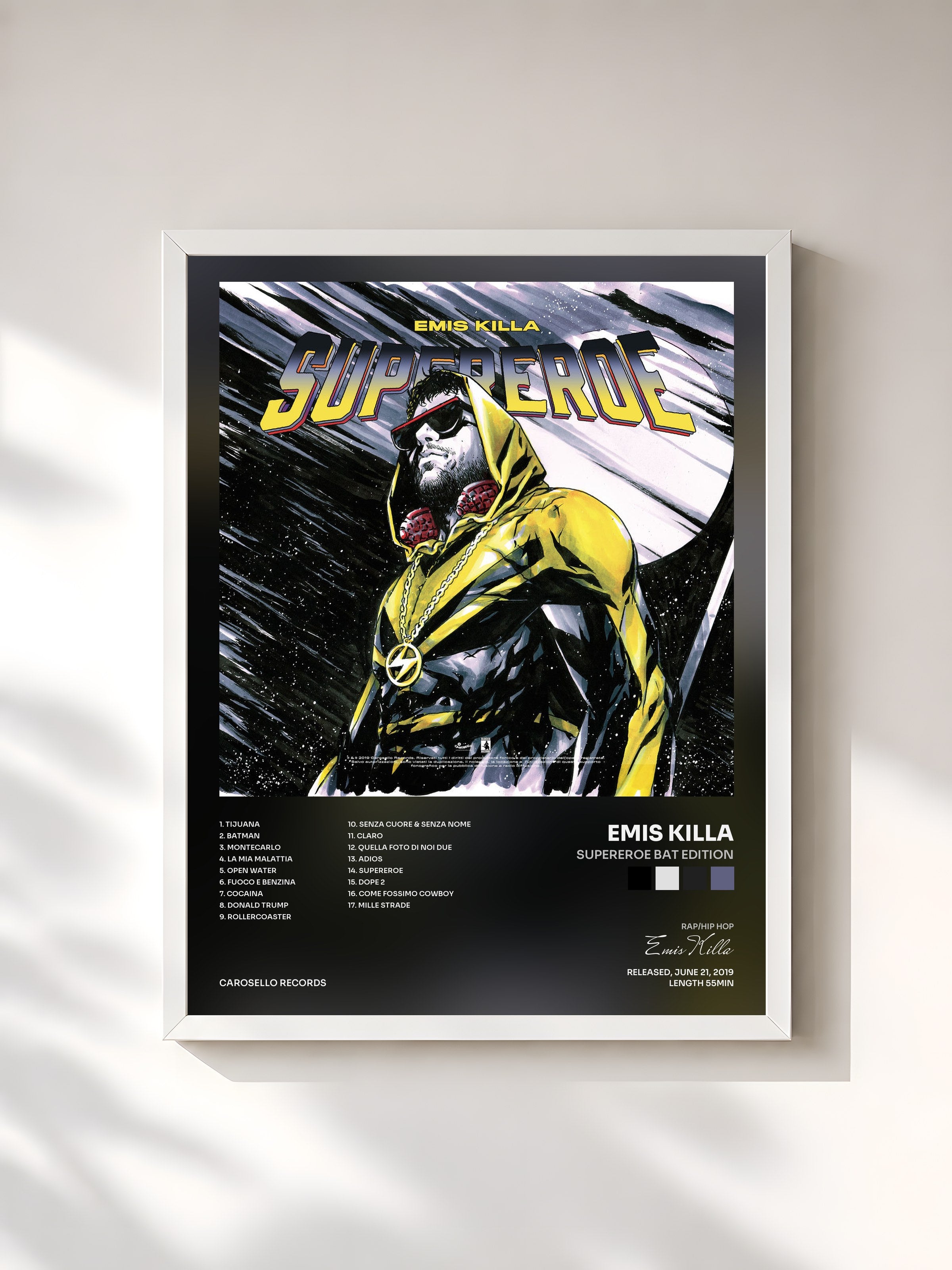 #blanc Tableau de l'album Supereroe Bat Edition de Emis Killa, cadre blanc, imprimé et encadré en France