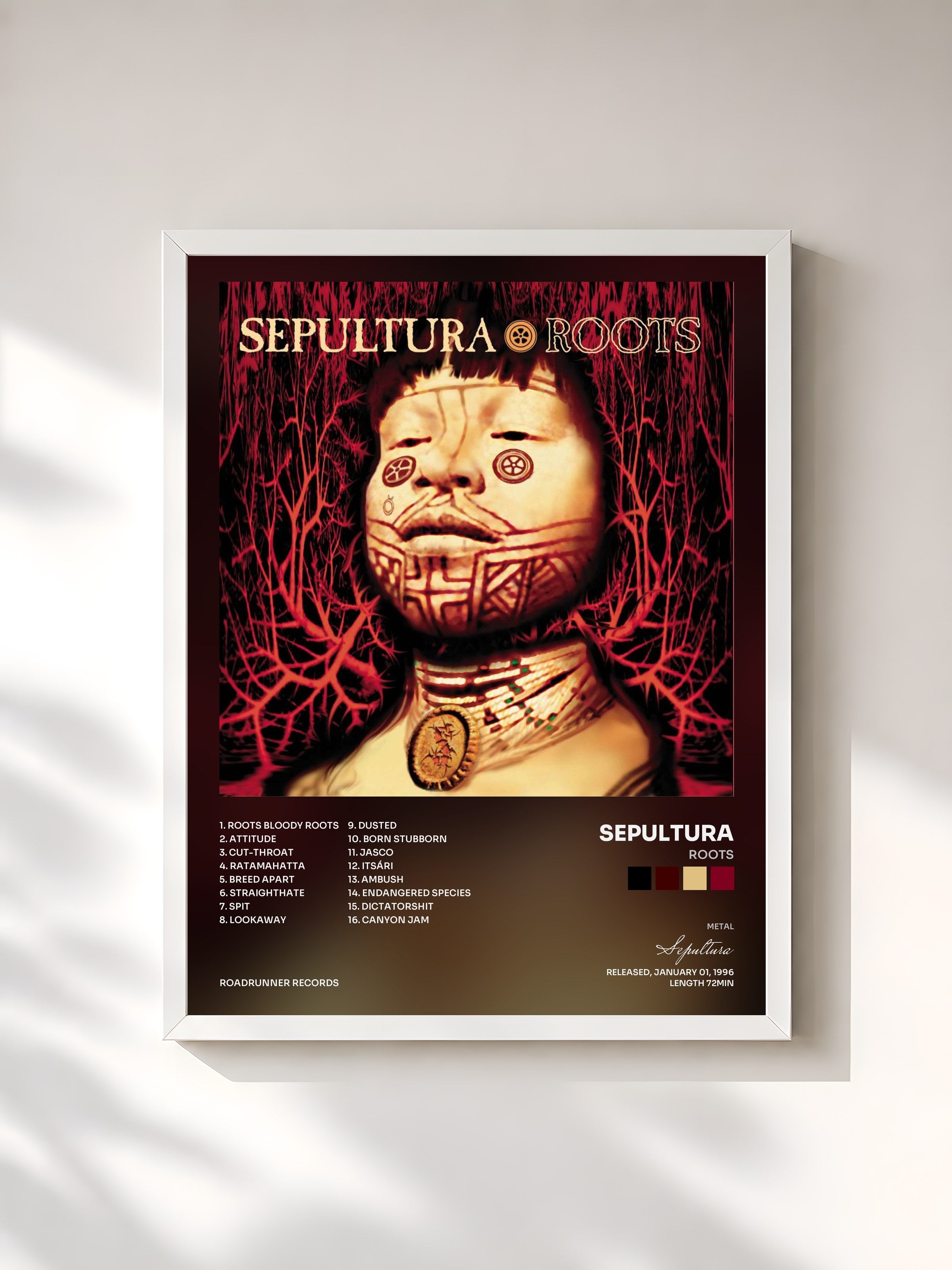 #blanc Tableau de l'album Roots de Sepultura, cadre blanc, imprimé et encadré en France