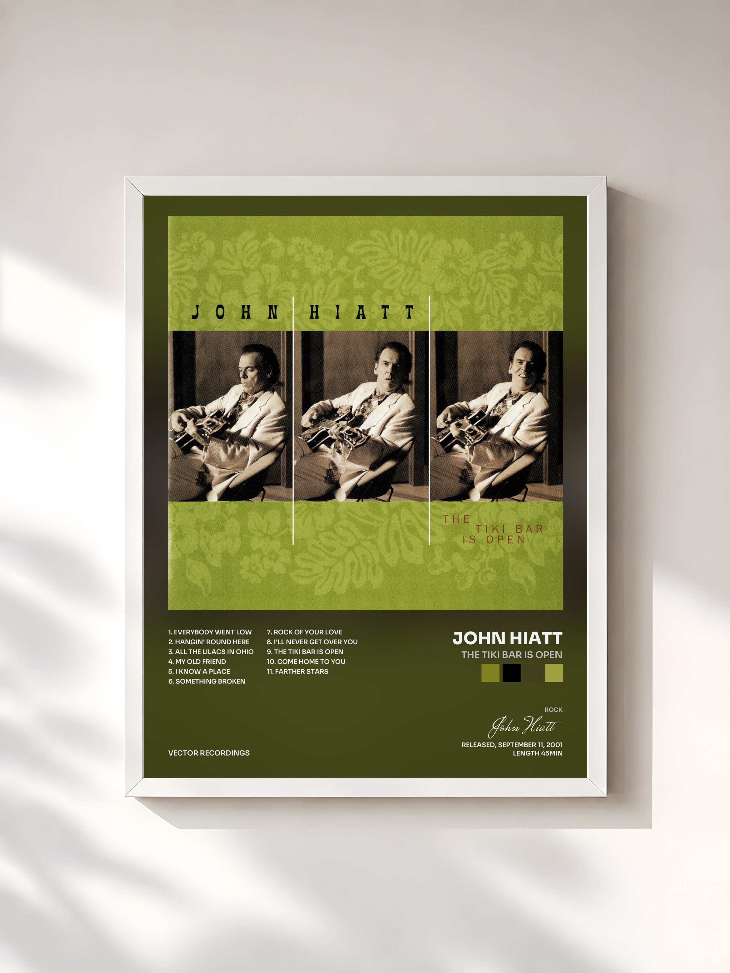 #blanc Tableau de l'album The Tiki Bar Is Open de John Hiatt, cadre blanc, imprimé et encadré en France