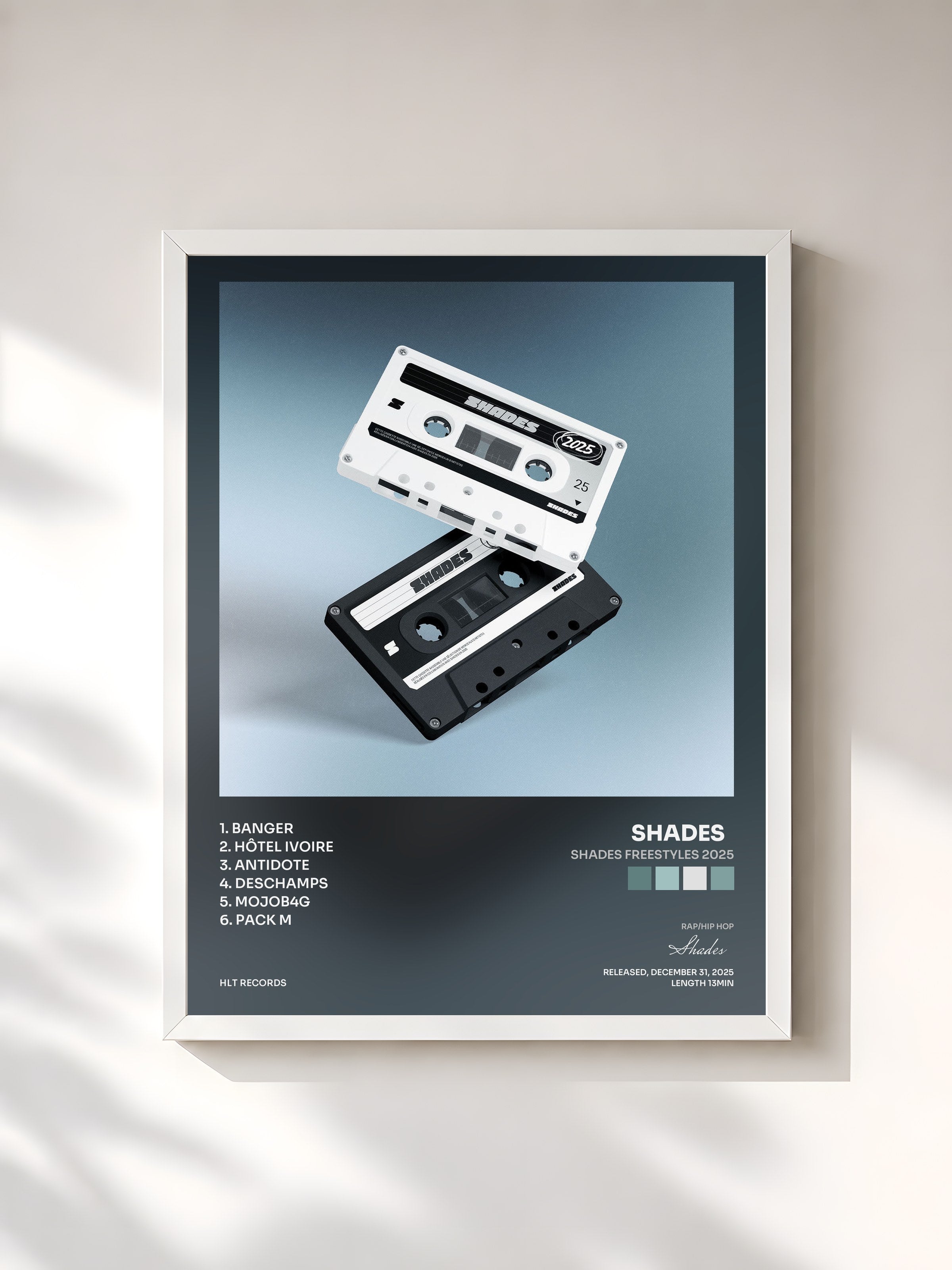 #blanc Tableau de l'album SHADES FREESTYLES 2025 de Shades  , cadre blanc, imprimé et encadré en France