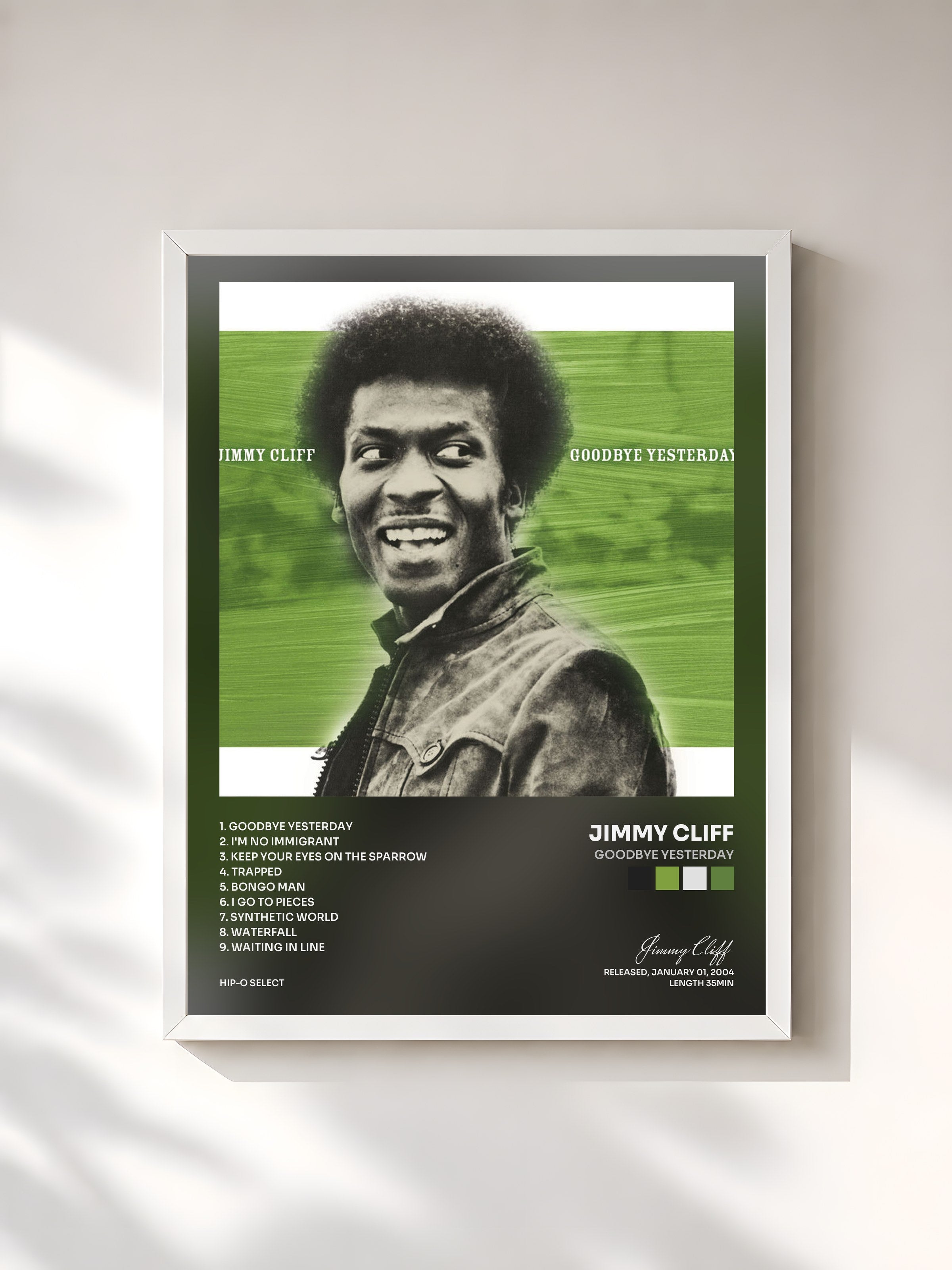 #blanc Tableau de l'album Goodbye Yesterday de Jimmy Cliff, cadre blanc, imprimé et encadré en France