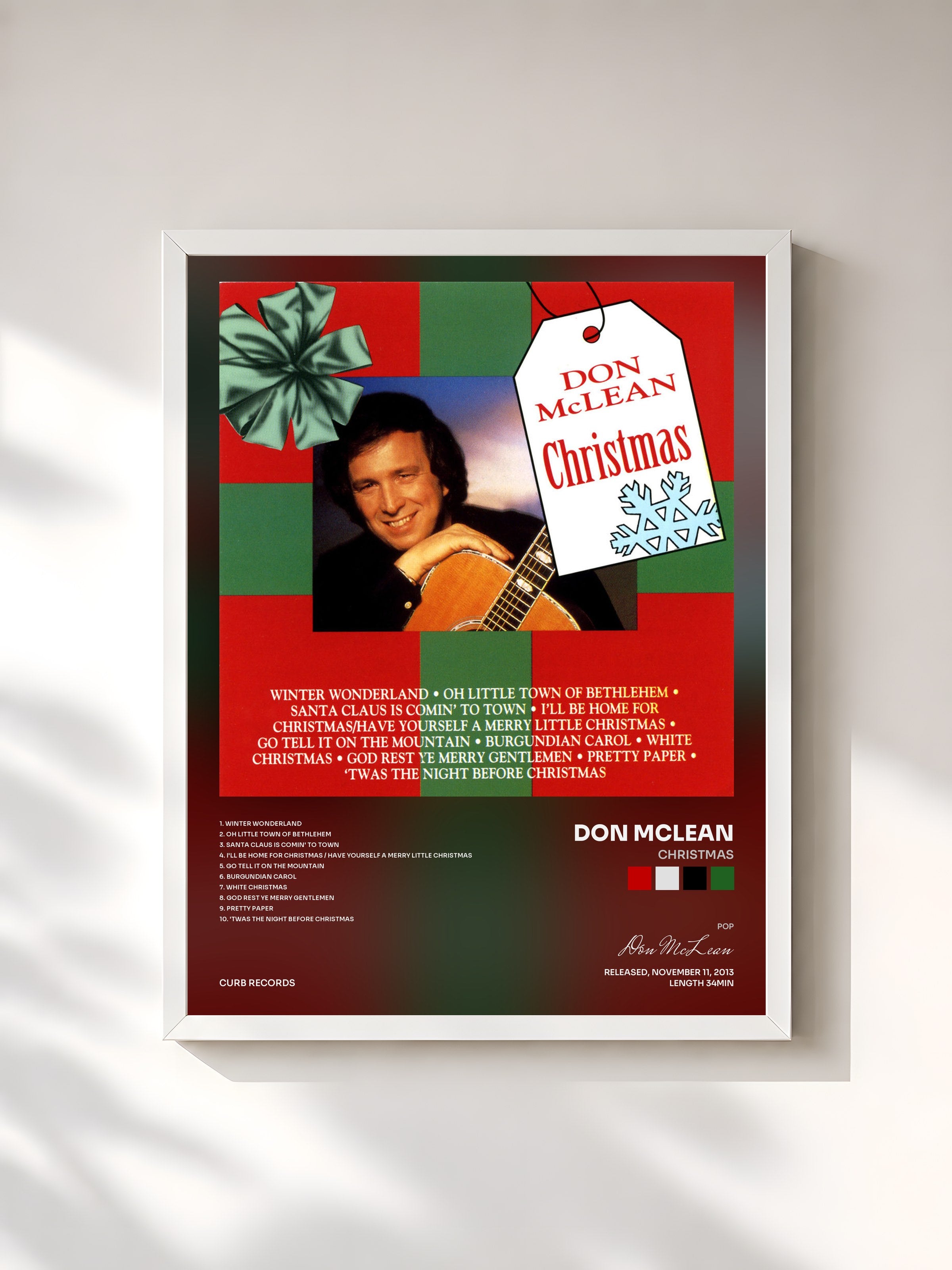 #blanc Tableau de l'album Christmas de Don McLean, cadre blanc, imprimé et encadré en France