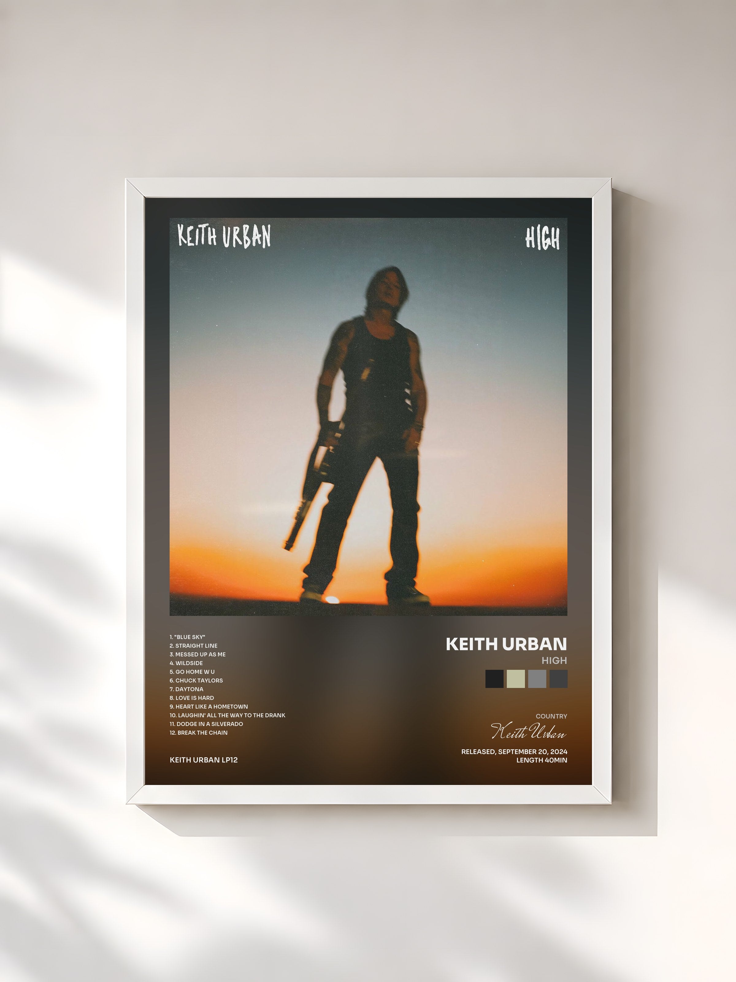 #blanc Tableau de l'album HIGH de Keith Urban, cadre blanc, imprimé et encadré en France