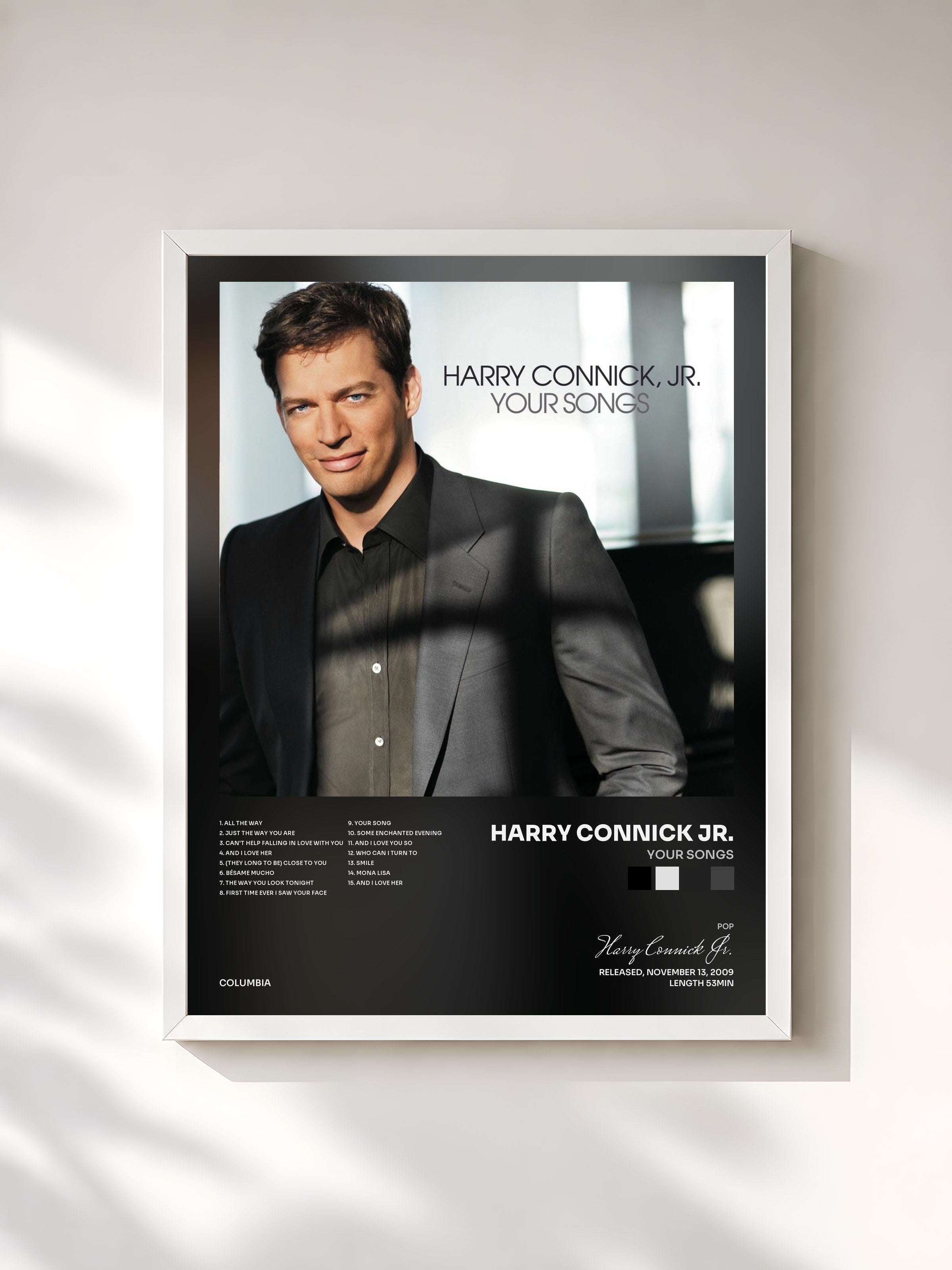 #blanc Tableau de l'album Your Songs de Harry Connick Jr., cadre blanc, imprimé et encadré en France