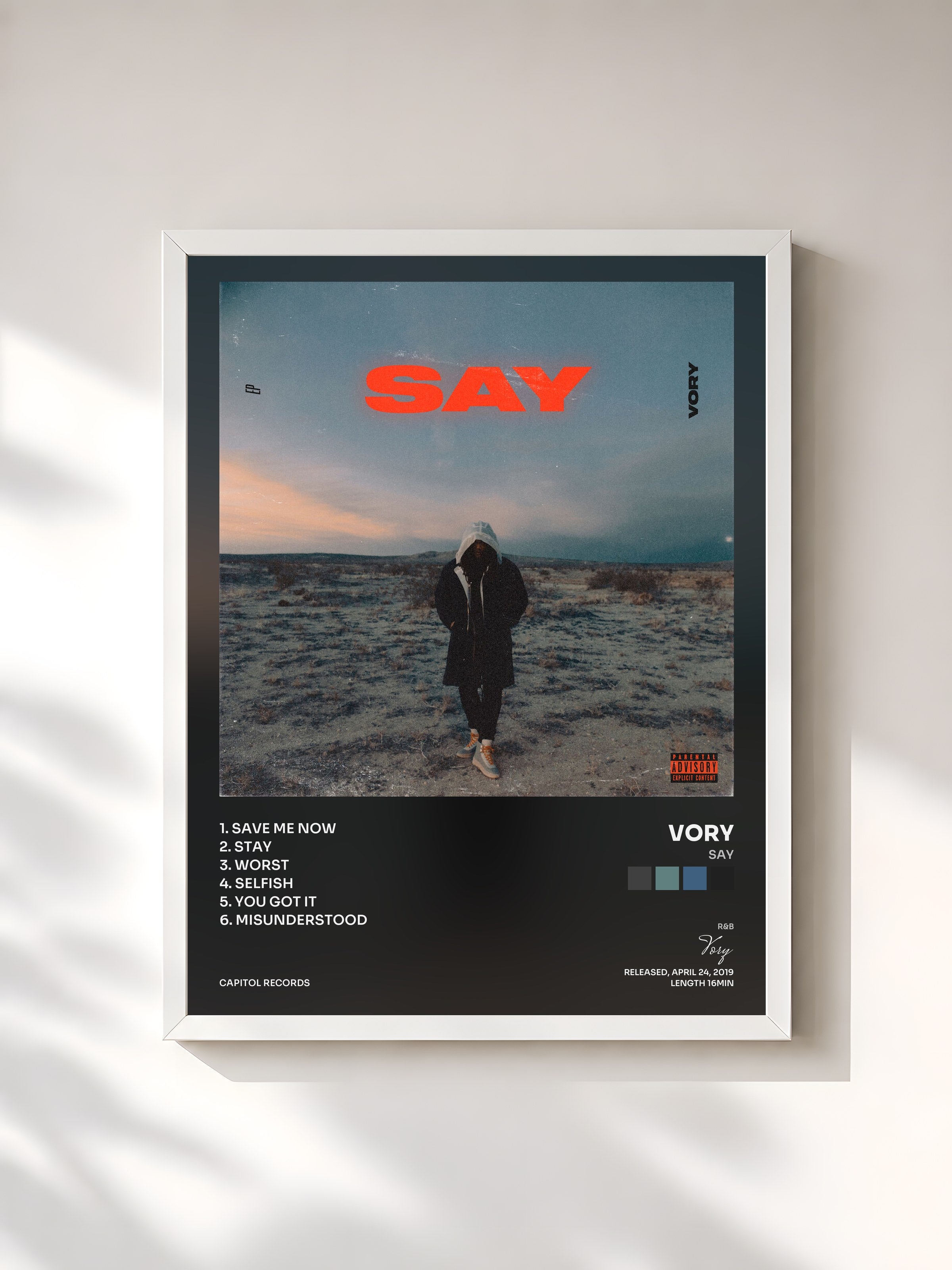 #blanc Tableau de l'album SAY de Vory, cadre blanc, imprimé et encadré en France