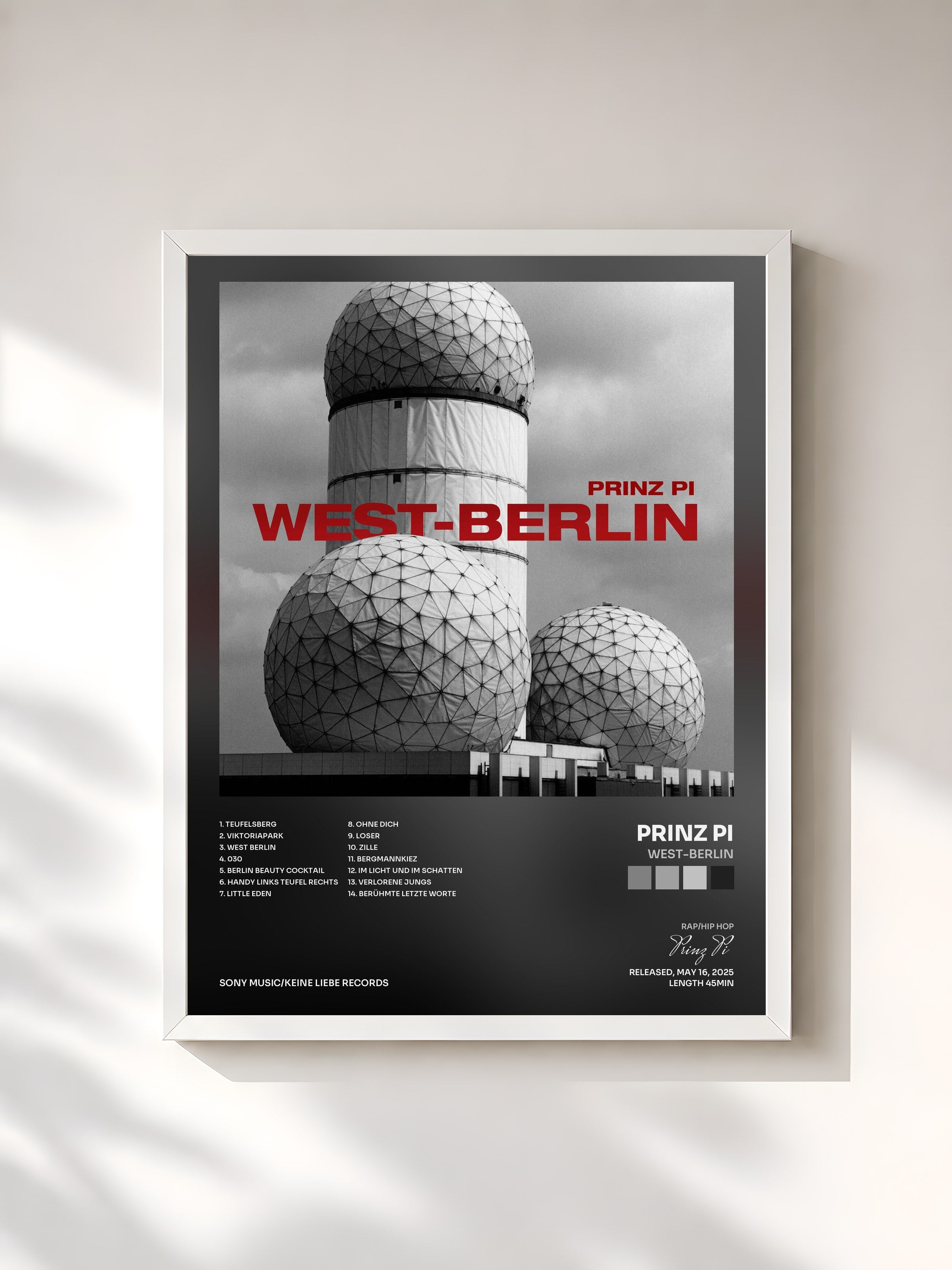 #blanc Tableau de l'album WEST-BERLIN de Prinz Pi, cadre blanc, imprimé et encadré en France