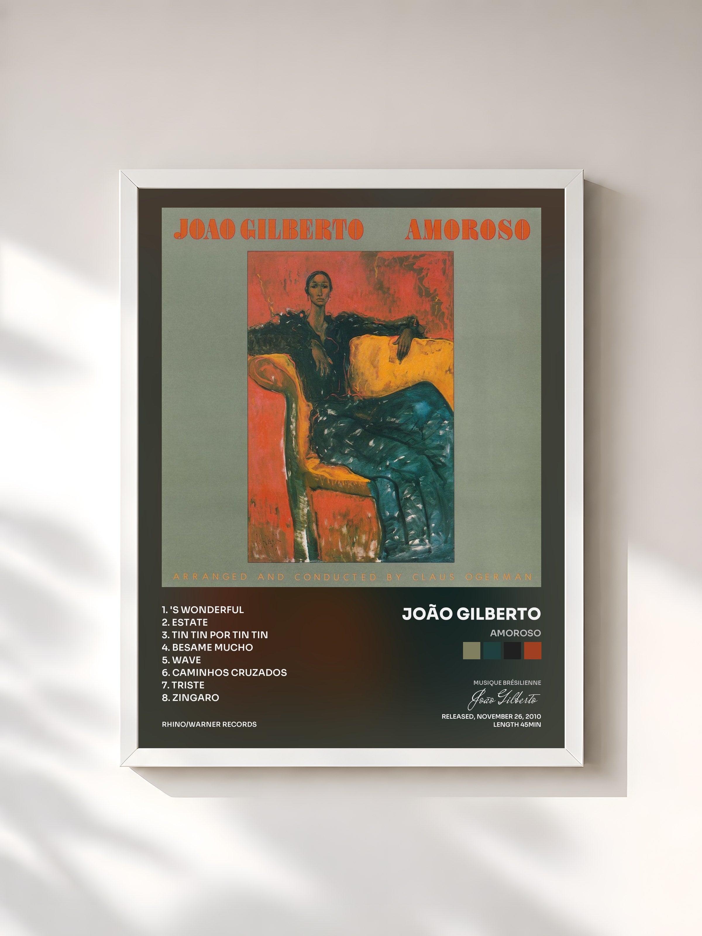 #blanc Tableau de l'album Amoroso de João Gilberto, cadre blanc, imprimé et encadré en France