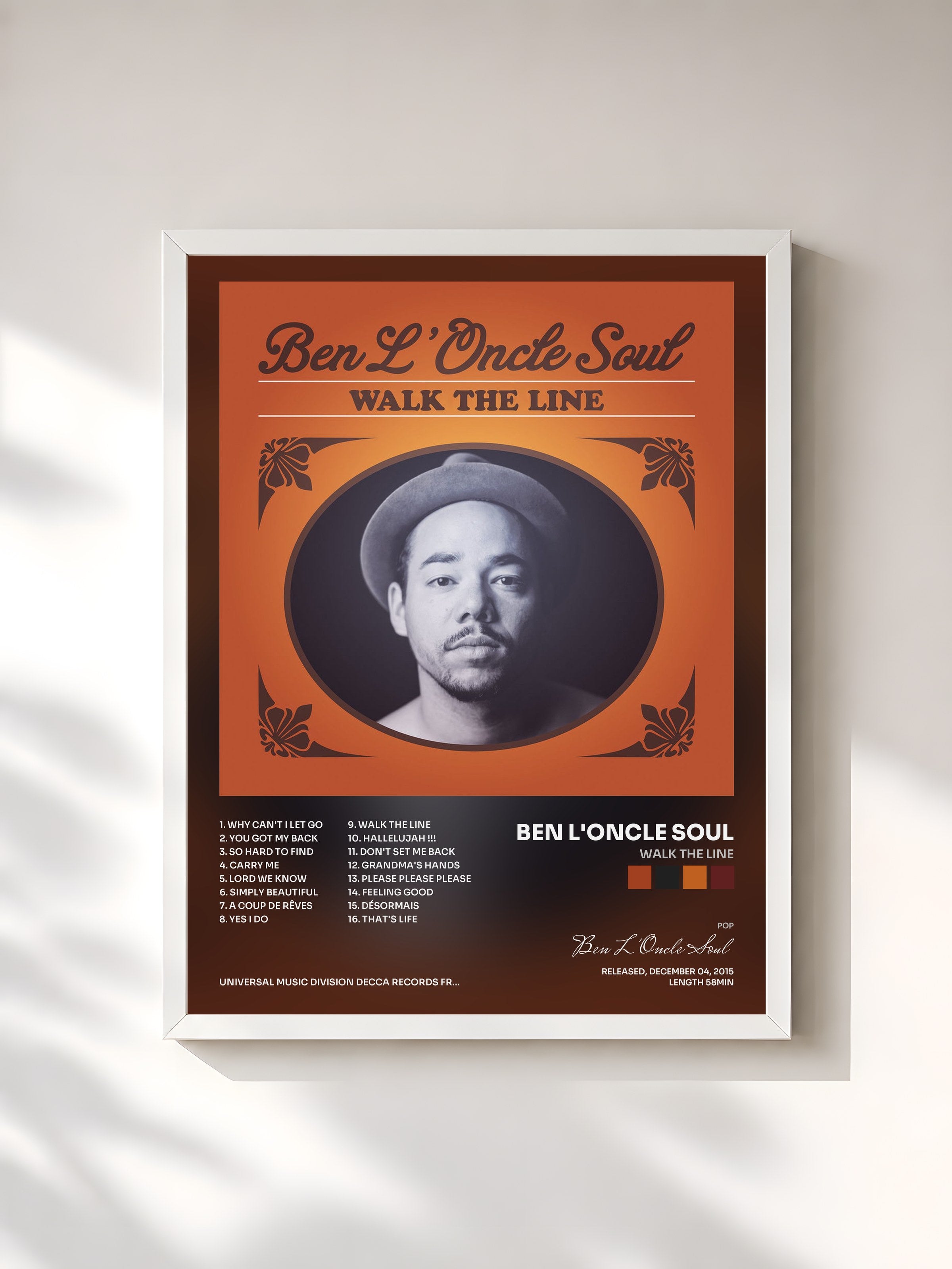 #blanc Tableau de l'album Walk The Line de Ben L'Oncle Soul, cadre blanc, imprimé et encadré en France
