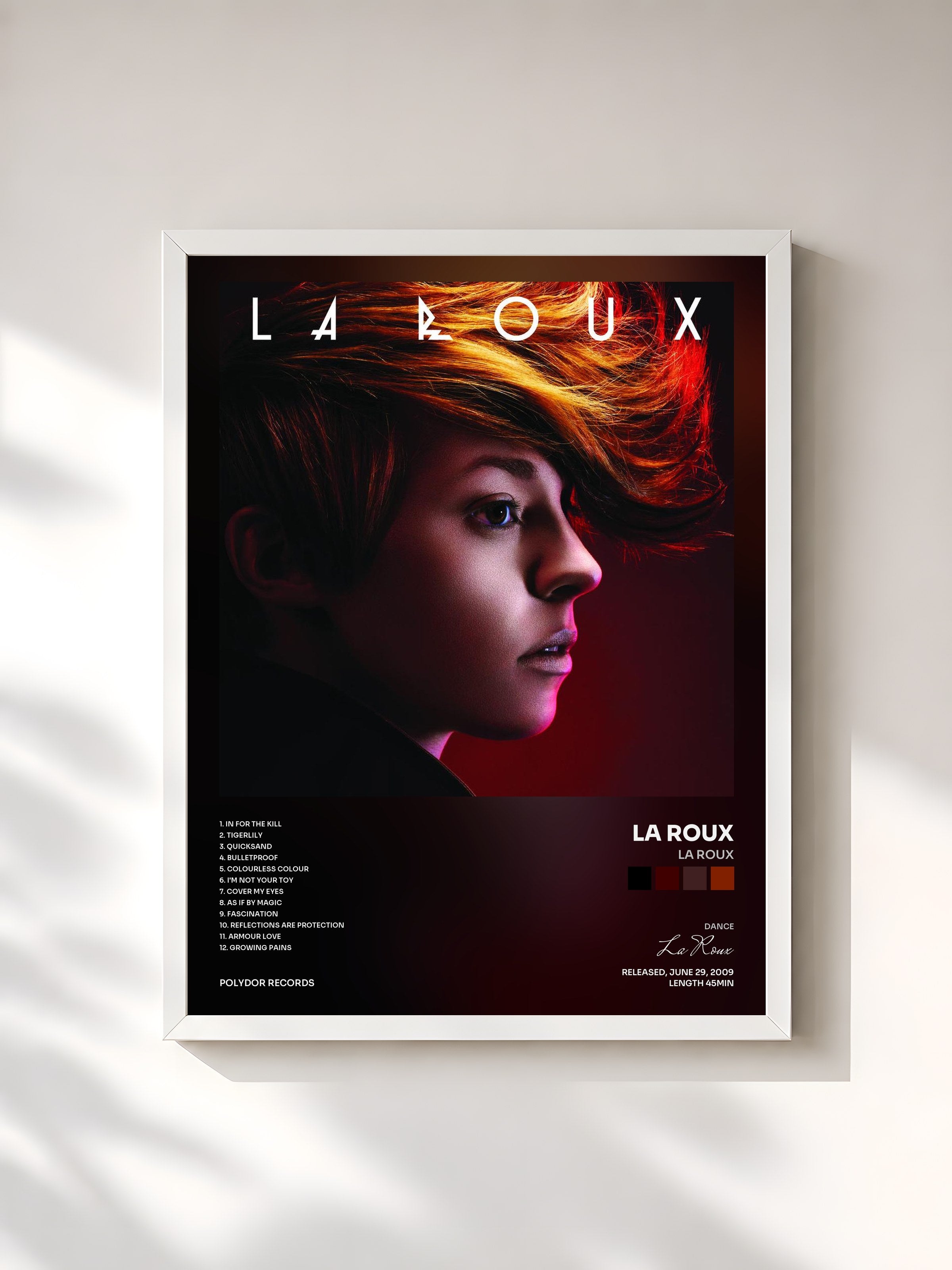 #blanc Tableau de l'album La Roux de La Roux, cadre blanc, imprimé et encadré en France
