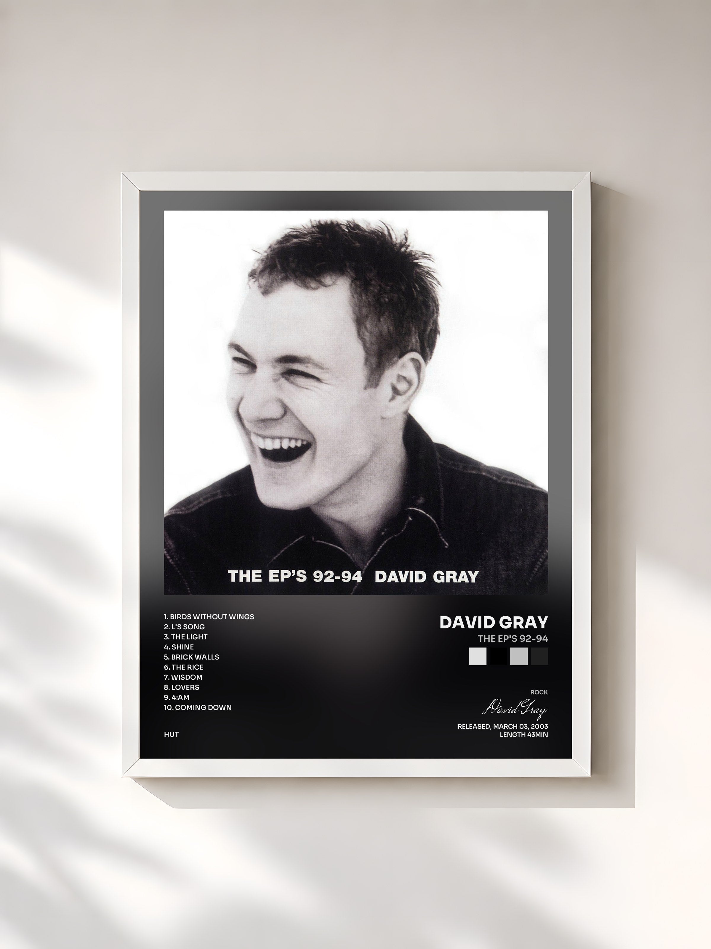 #blanc Tableau de l'album The EP's 92-94 de David Gray, cadre blanc, imprimé et encadré en France