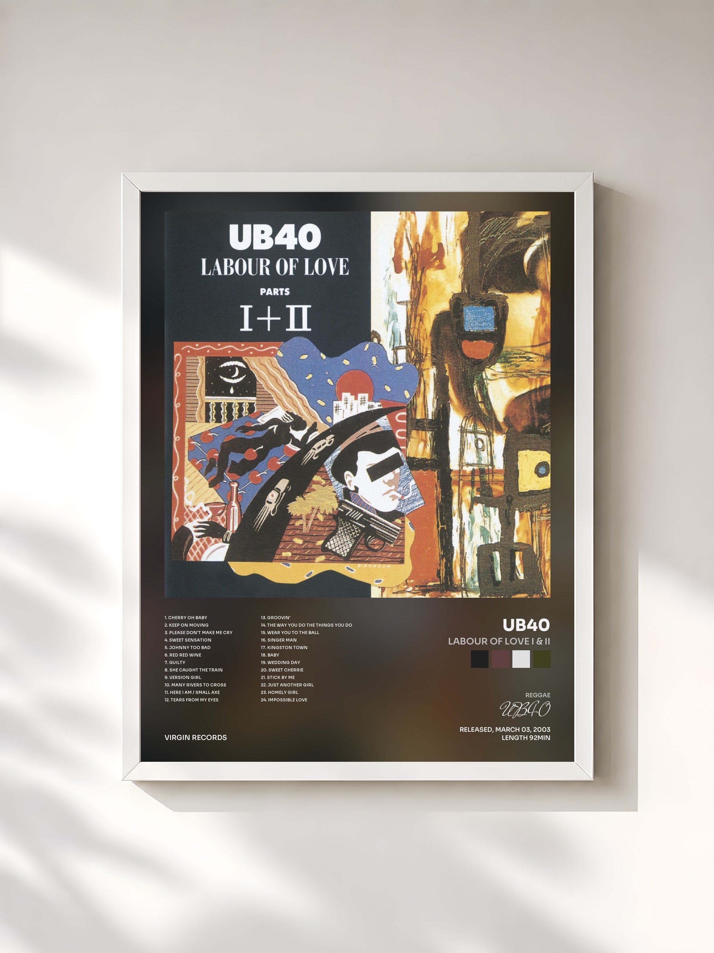 #blanc Tableau de l'album Labour Of Love I & II de UB40, cadre blanc, imprimé et encadré en France