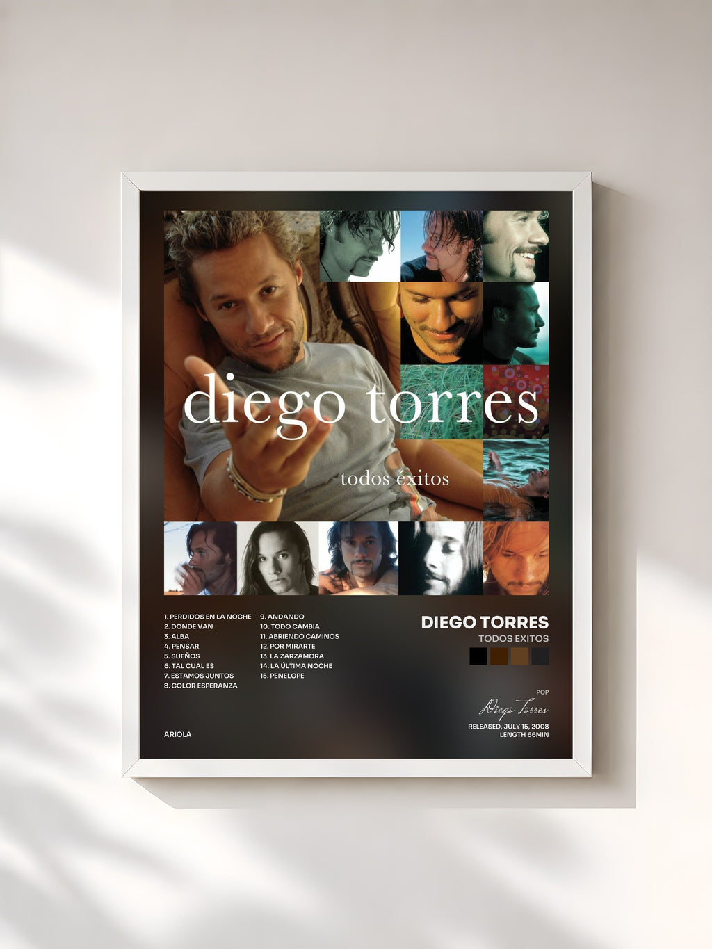#blanc Tableau de l'album Todos Exitos de Diego Torres, cadre blanc, imprimé et encadré en France
