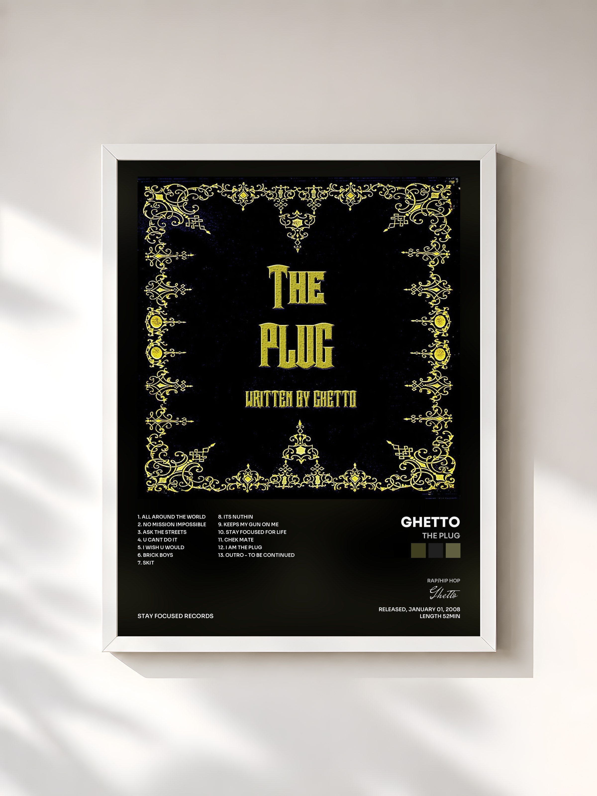 #blanc Tableau de l'album The Plug de Ghetto, cadre blanc, imprimé et encadré en France