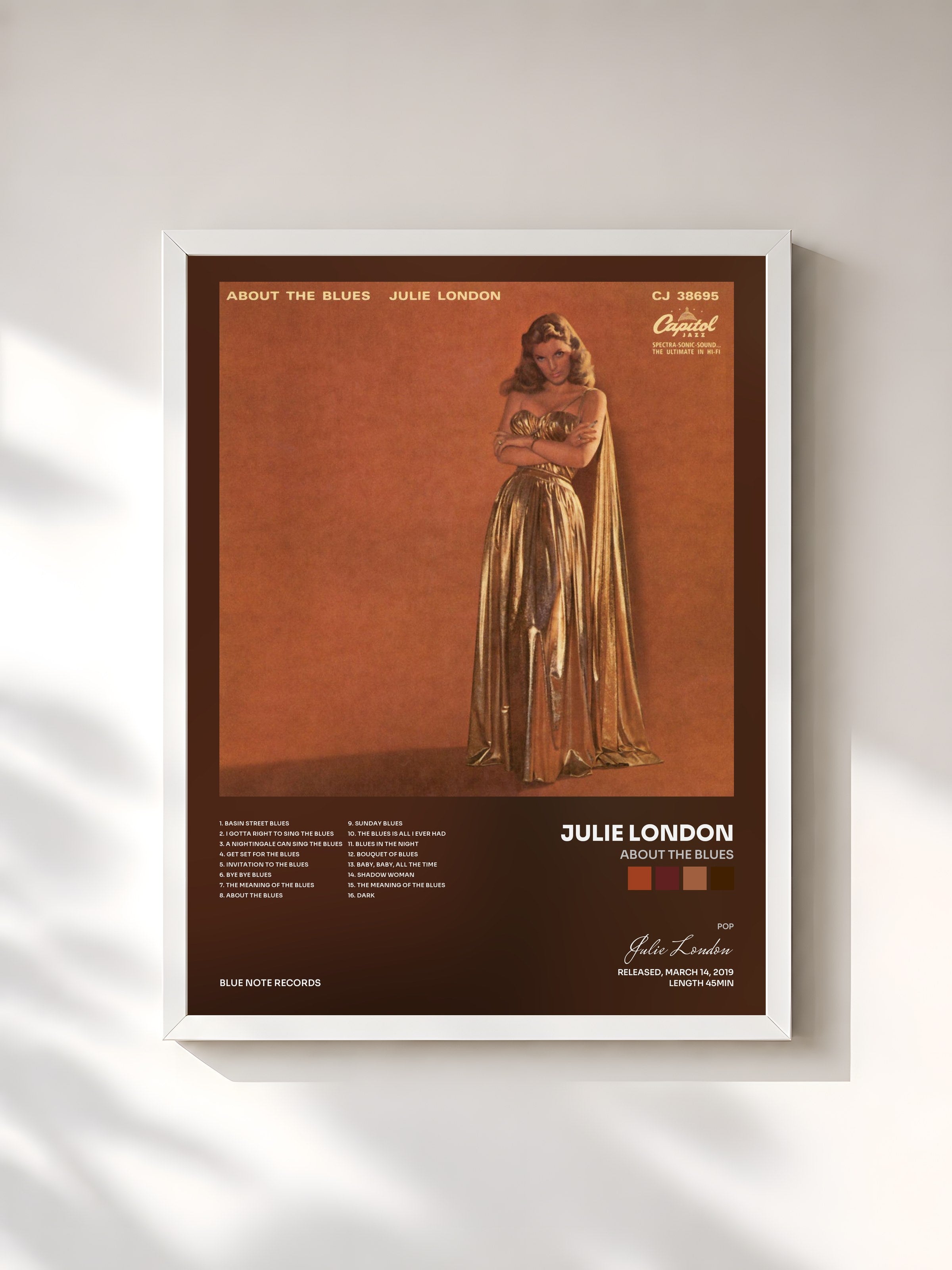 #blanc Tableau de l'album About The Blues de Julie London, cadre blanc, imprimé et encadré en France