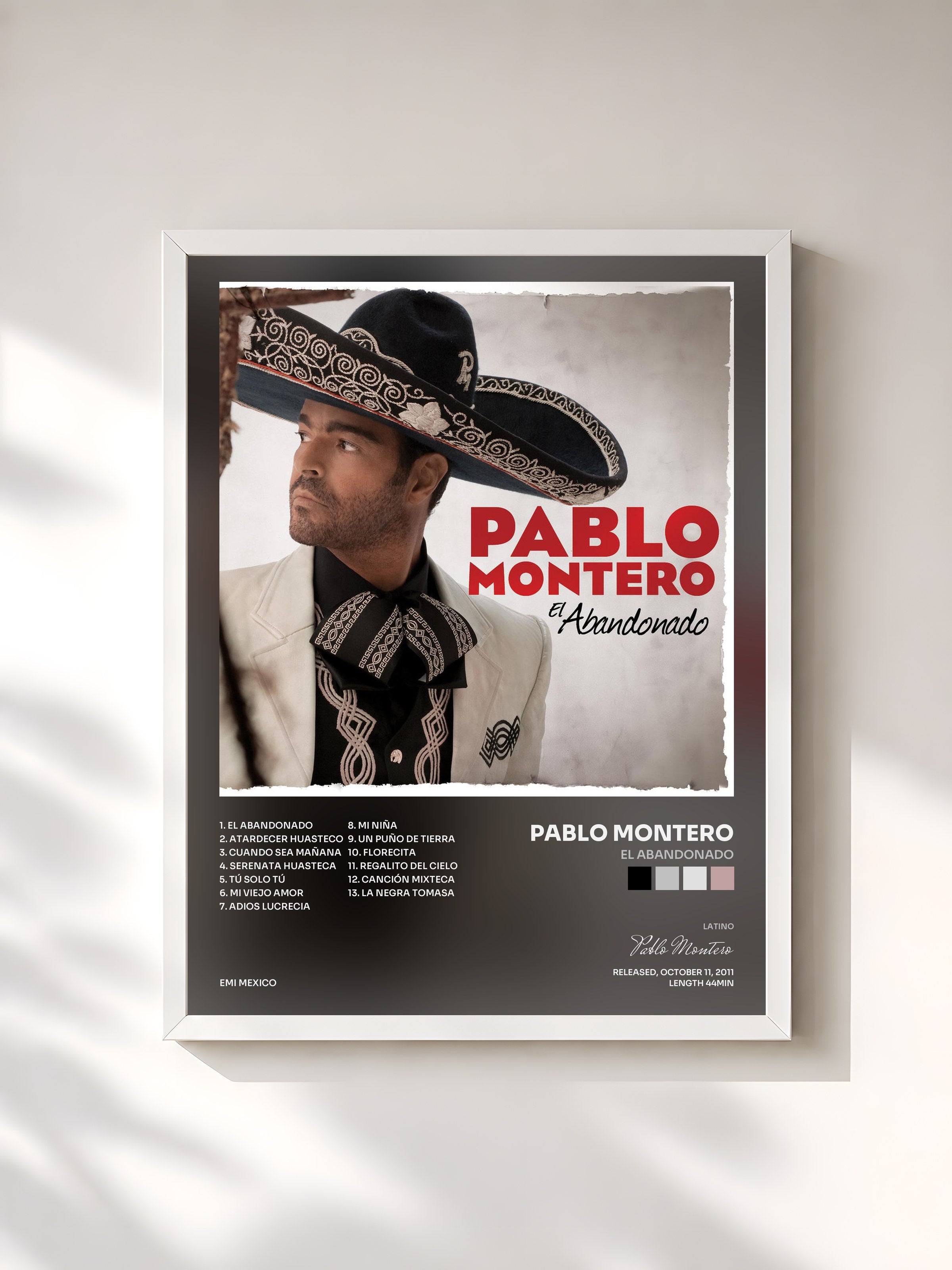 #blanc Tableau de l'album El Abandonado de Pablo Montero, cadre blanc, imprimé et encadré en France