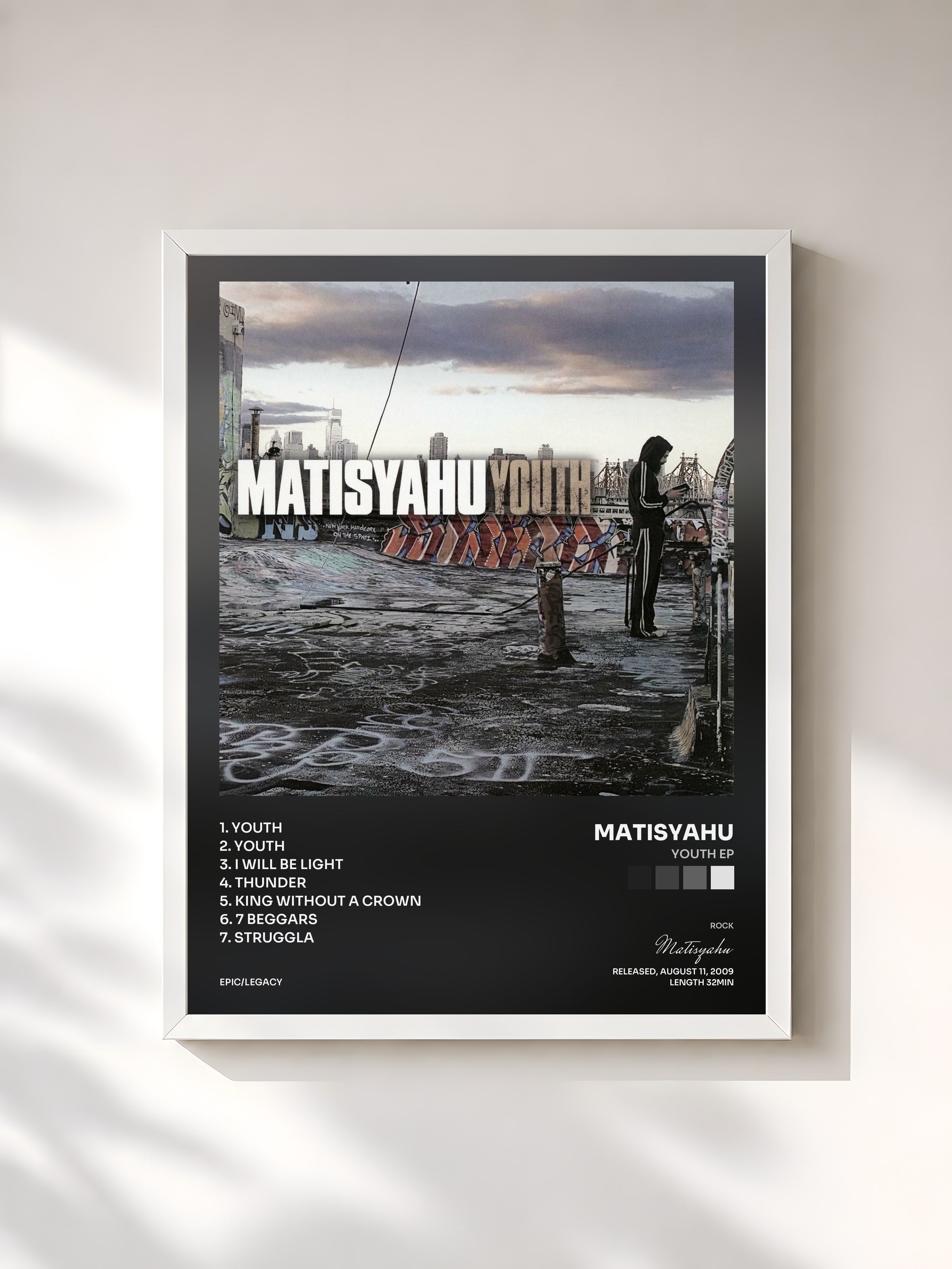 #blanc Tableau de l'album Youth EP de Matisyahu, cadre blanc, imprimé et encadré en France