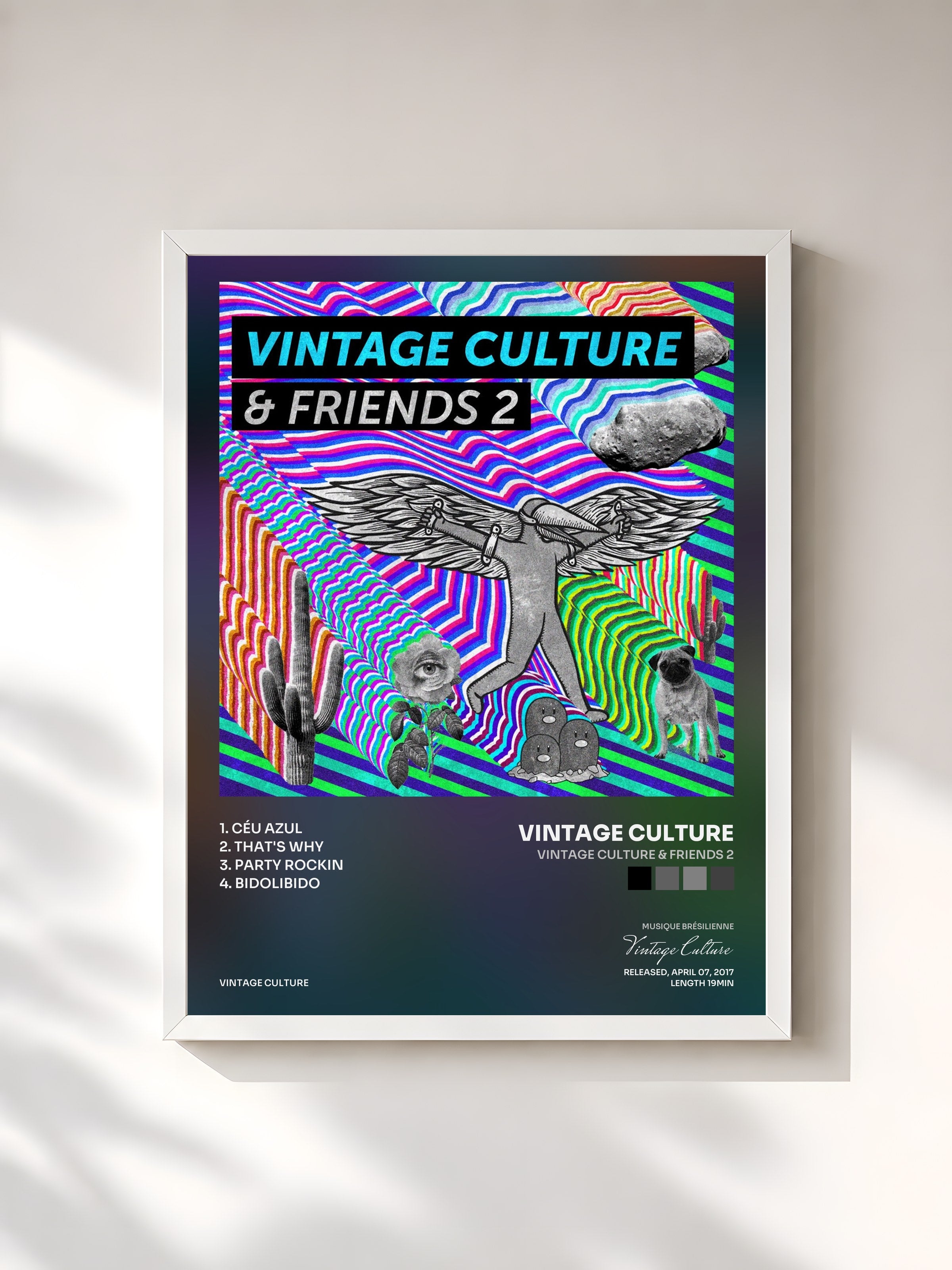 #blanc Tableau de l'album Vintage Culture & Friends 2 de Vintage Culture, cadre blanc, imprimé et encadré en France