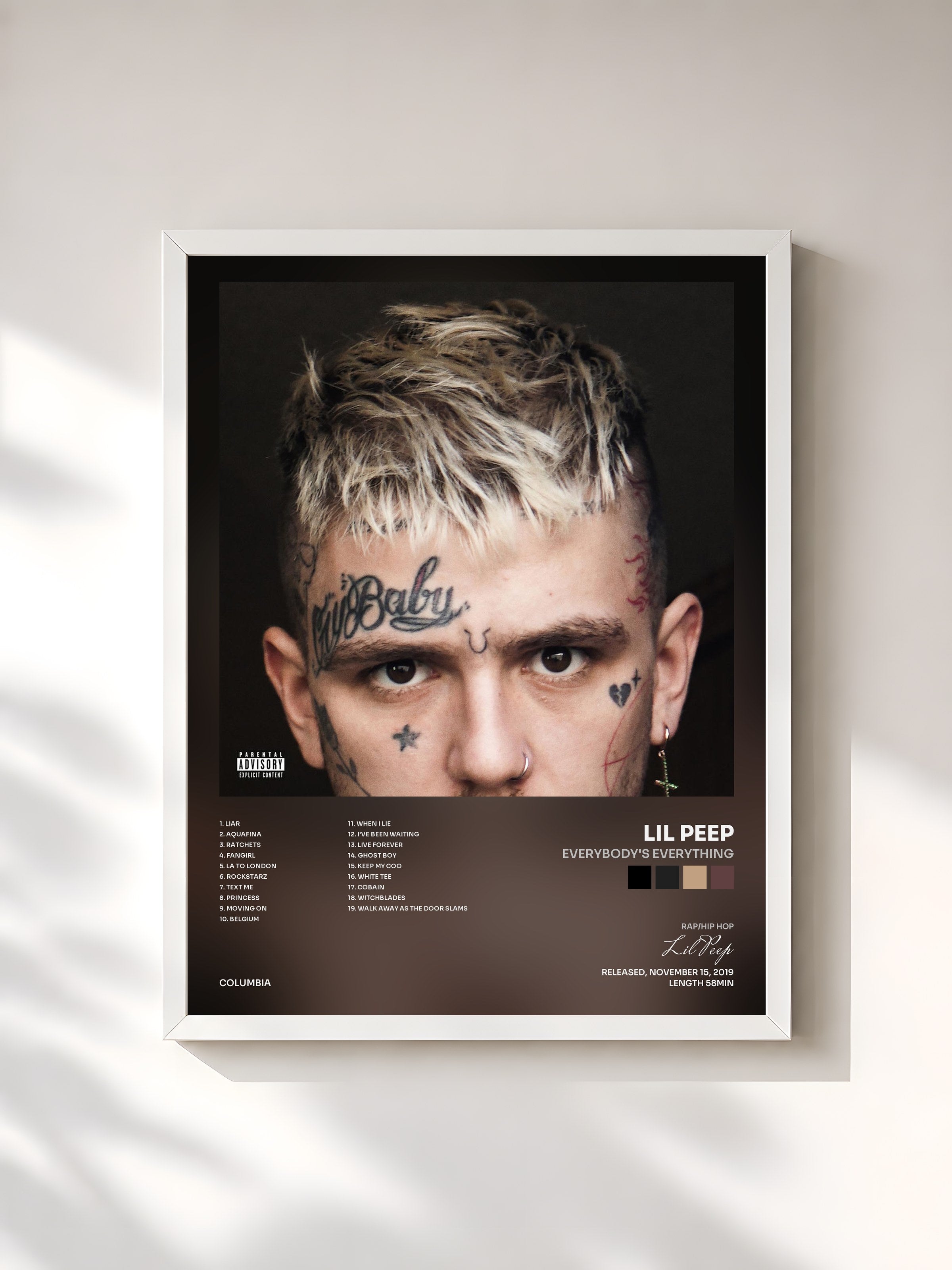 #blanc Tableau de l'album EVERYBODY'S EVERYTHING de Lil Peep, cadre blanc, imprimé et encadré en France