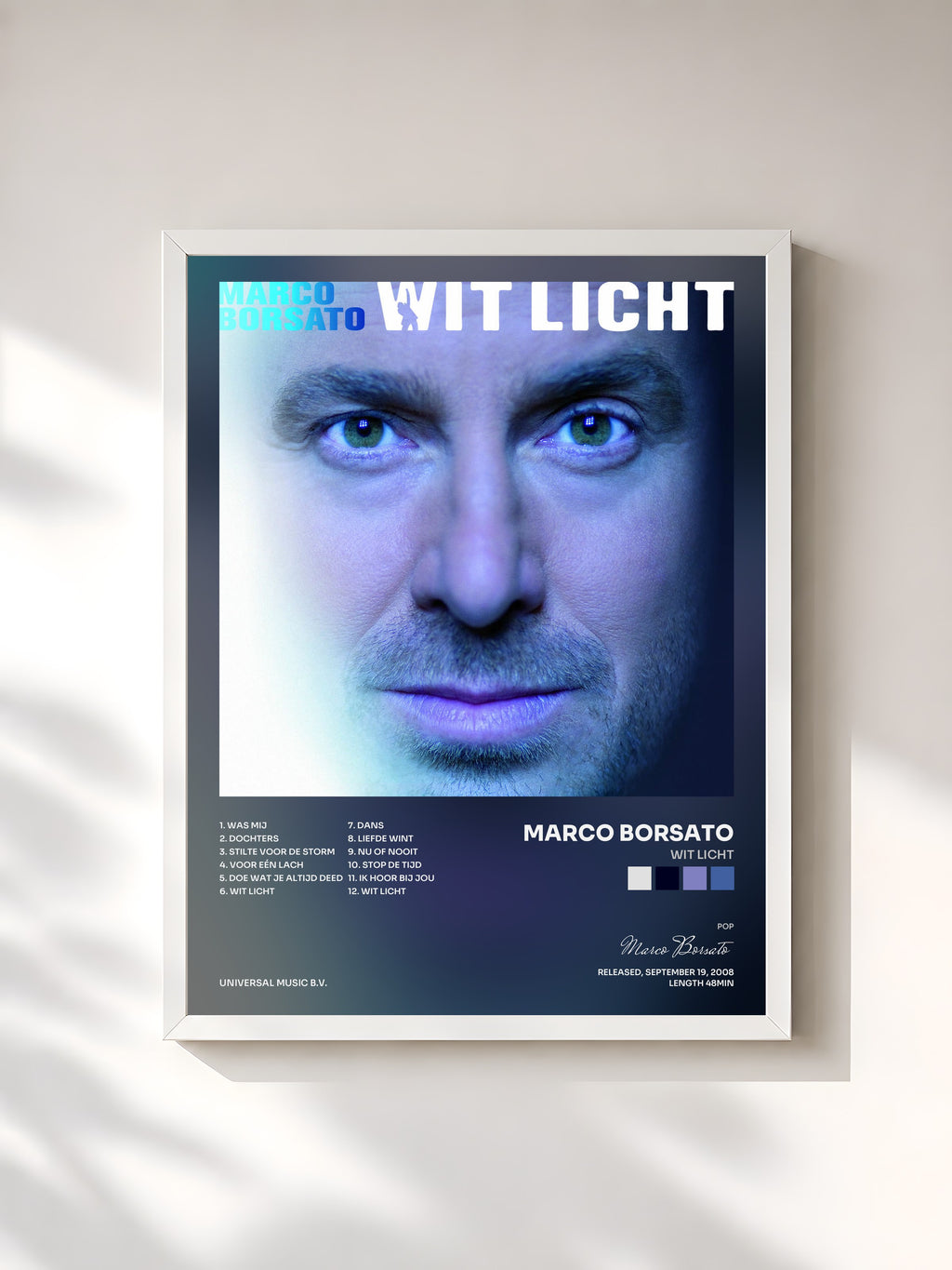 #blanc Tableau de l'album Wit Licht de Marco Borsato, cadre blanc, imprimé et encadré en France