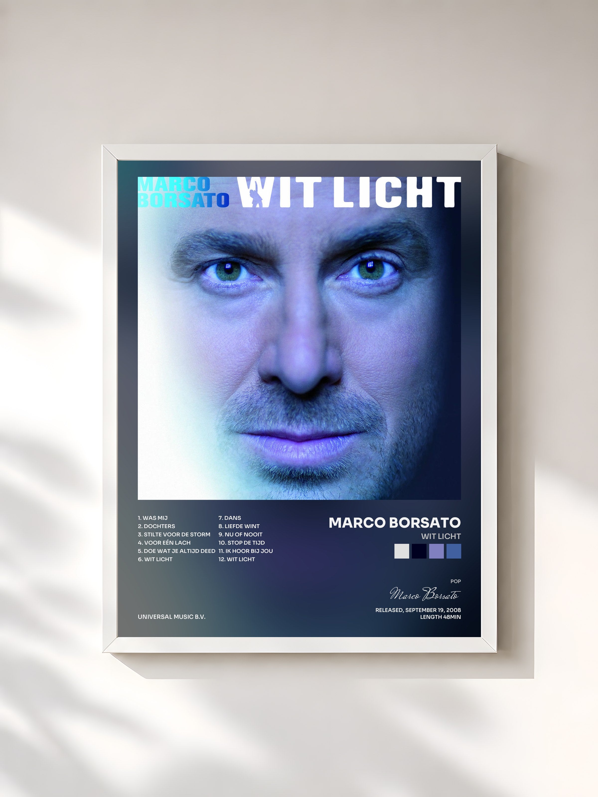 #blanc Tableau de l'album Wit Licht de Marco Borsato, cadre blanc, imprimé et encadré en France
