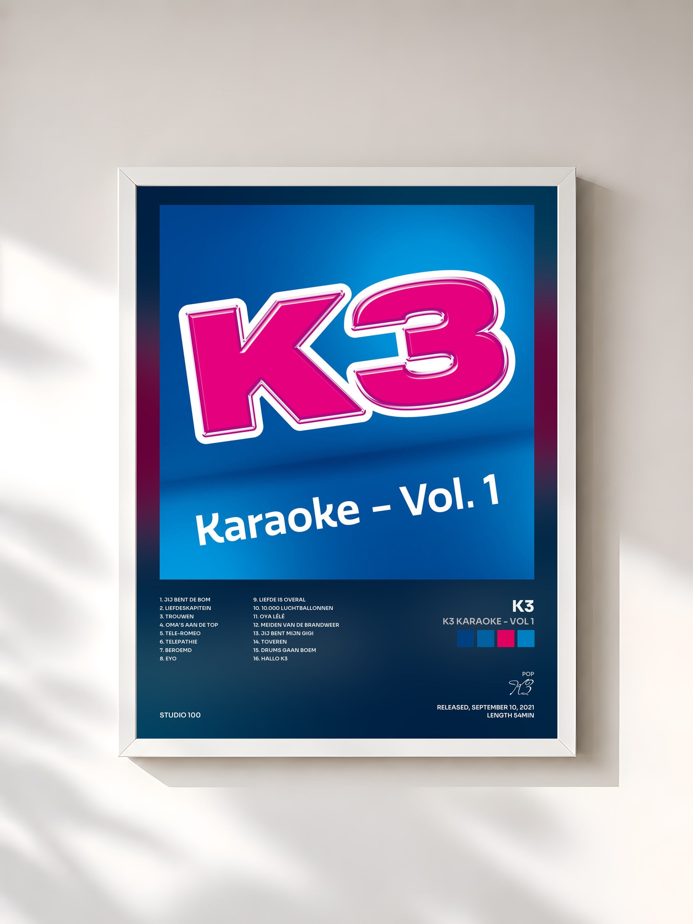 #blanc Tableau de l'album K3 karaoke - Vol 1 de K3, cadre blanc, imprimé et encadré en France