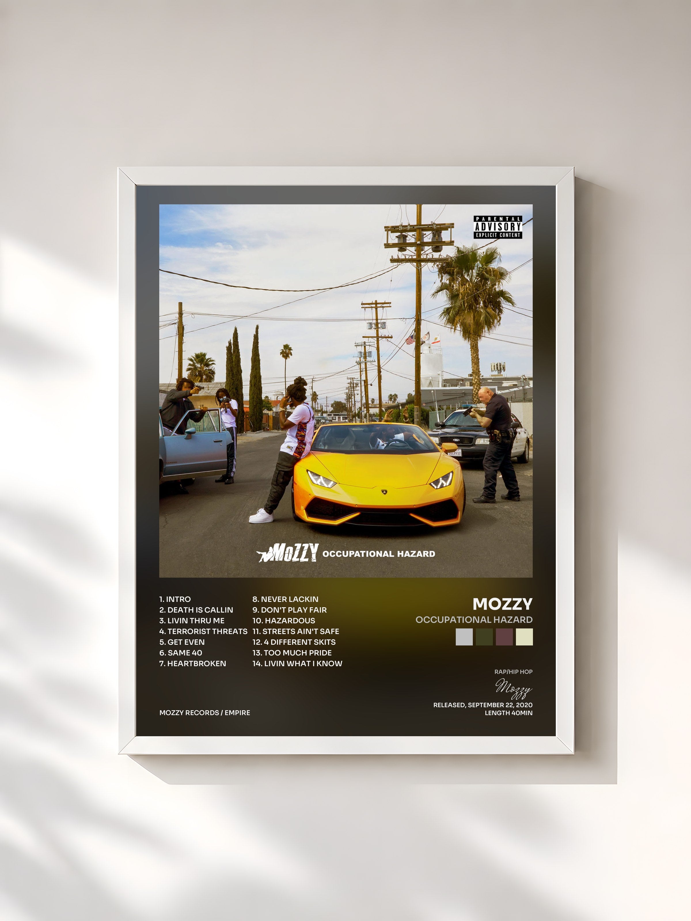 #blanc Tableau de l'album Occupational Hazard de Mozzy, cadre blanc, imprimé et encadré en France