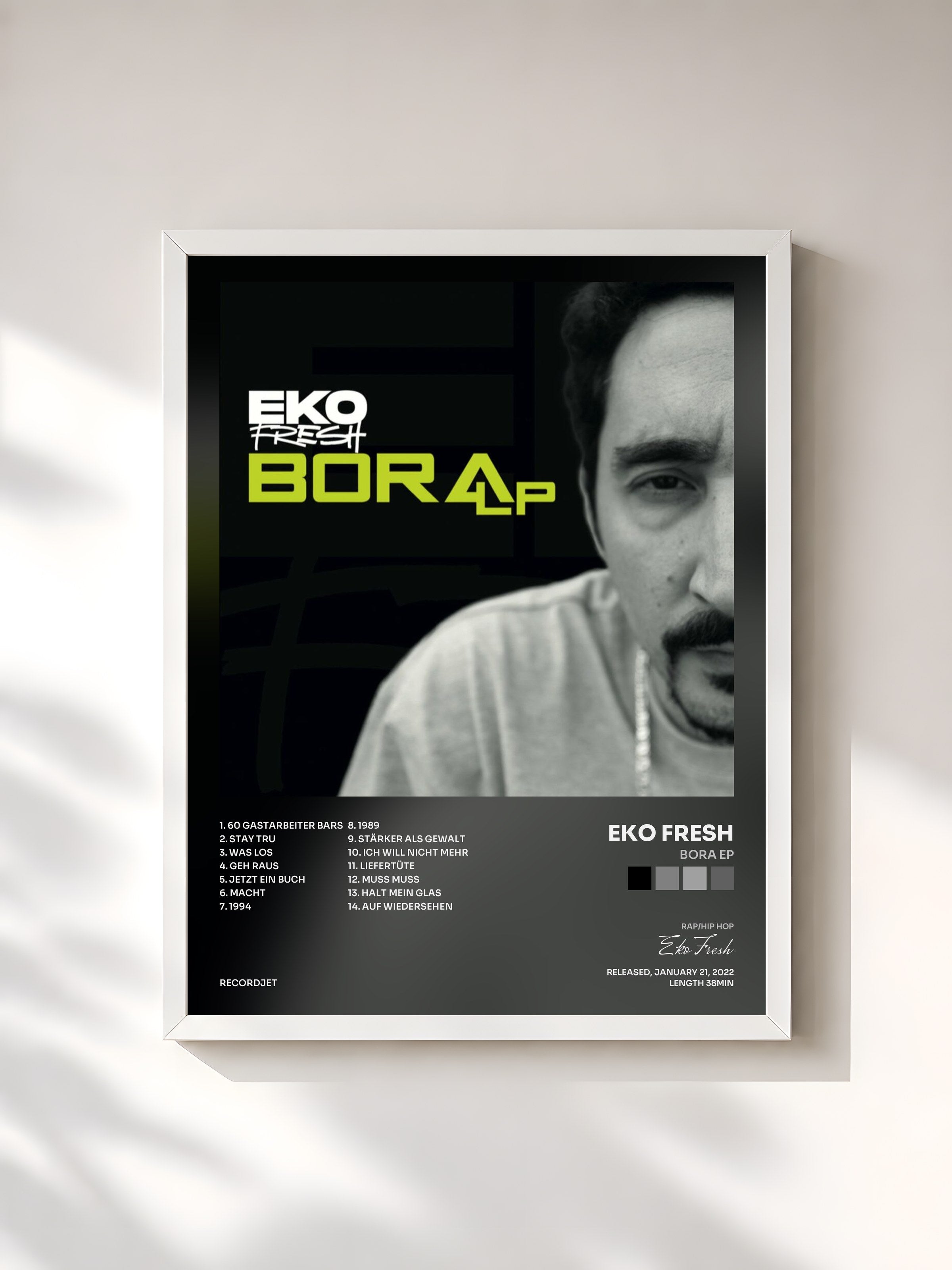#blanc Tableau de l'album Bora EP de Eko Fresh, cadre blanc, imprimé et encadré en France
