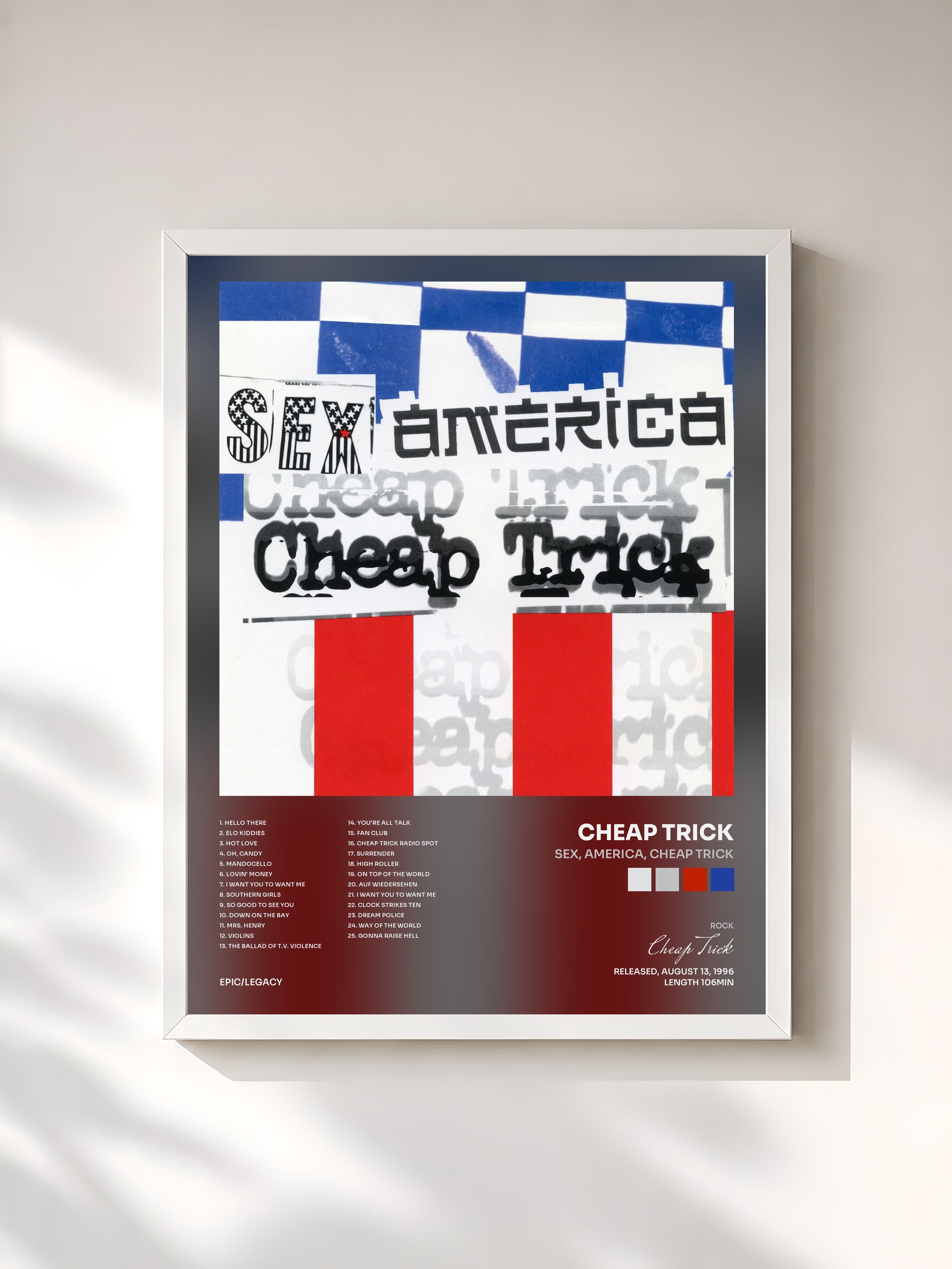 #blanc Tableau de l'album Sex, America, Cheap Trick de Cheap Trick, cadre blanc, imprimé et encadré en France