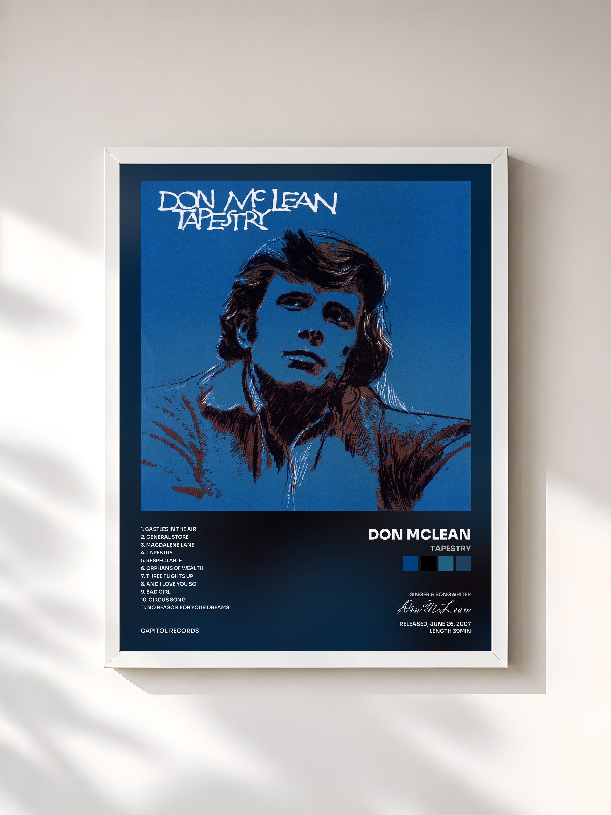 #blanc Tableau de l'album Tapestry de Don McLean, cadre blanc, imprimé et encadré en France