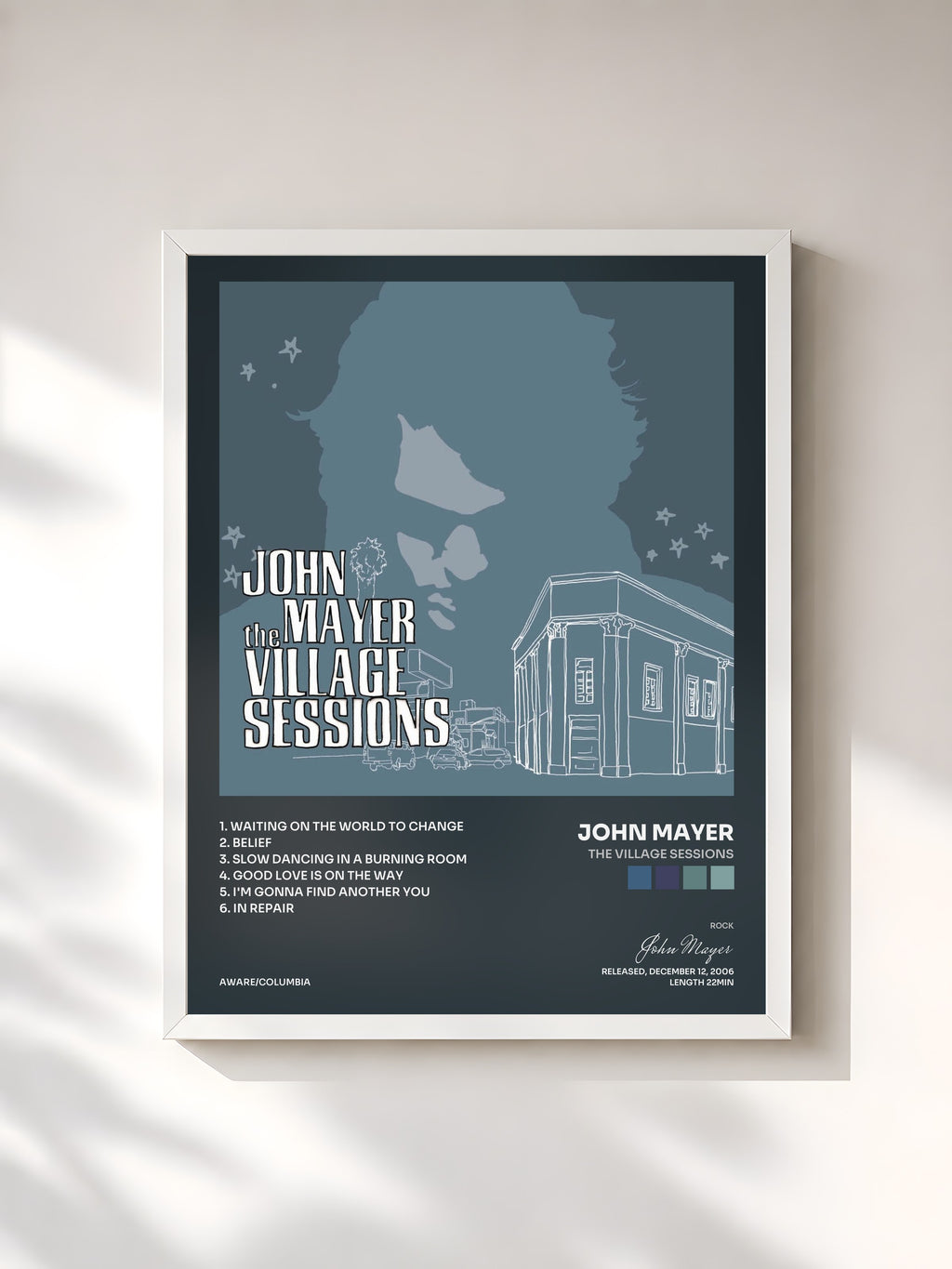 #blanc Tableau de l'album The Village Sessions de John Mayer, cadre blanc, imprimé et encadré en France
