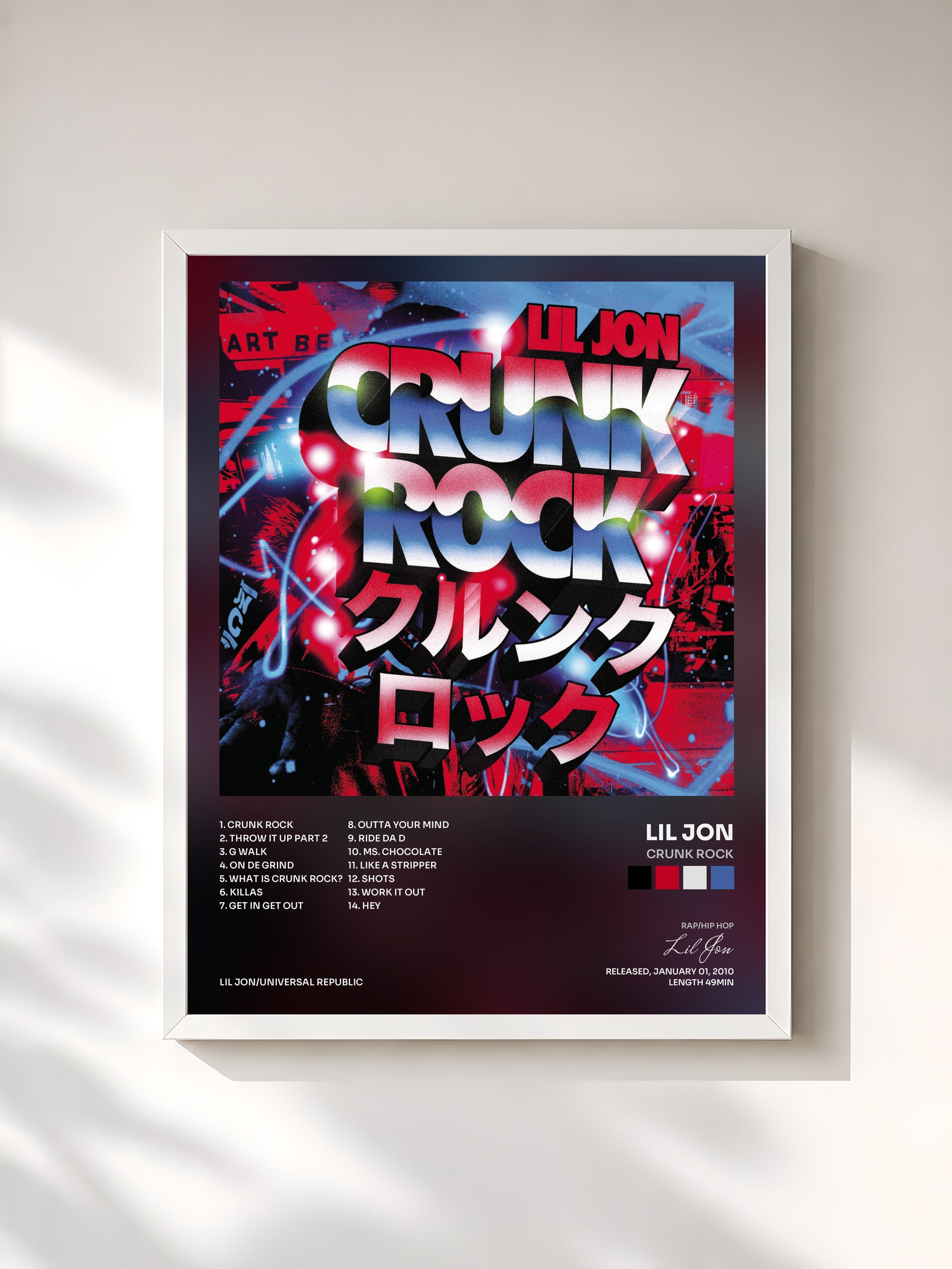 #blanc Tableau de l'album Crunk Rock de Lil Jon, cadre blanc, imprimé et encadré en France