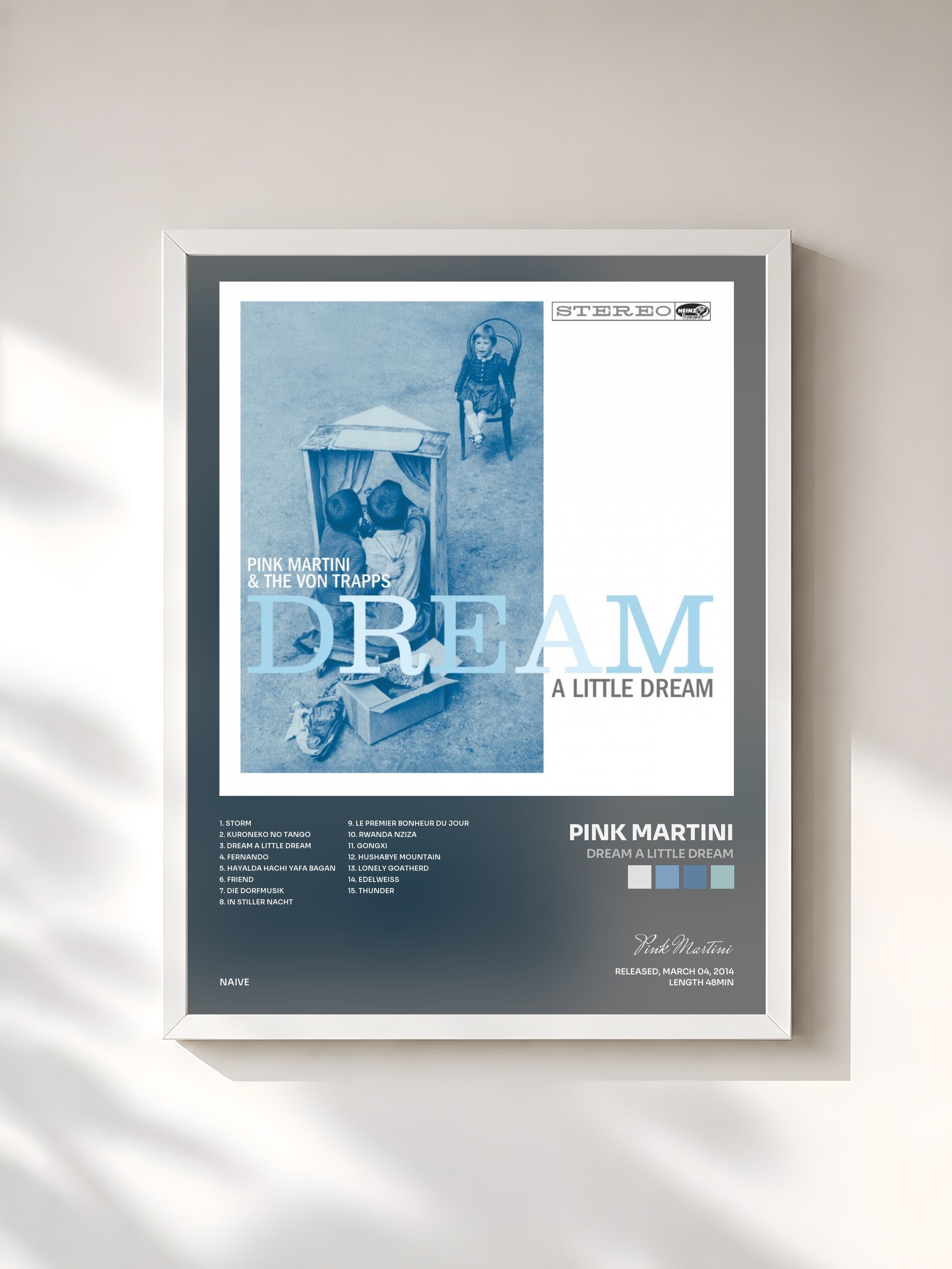 #blanc Tableau de l'album Dream a Little Dream de Pink Martini, cadre blanc, imprimé et encadré en France