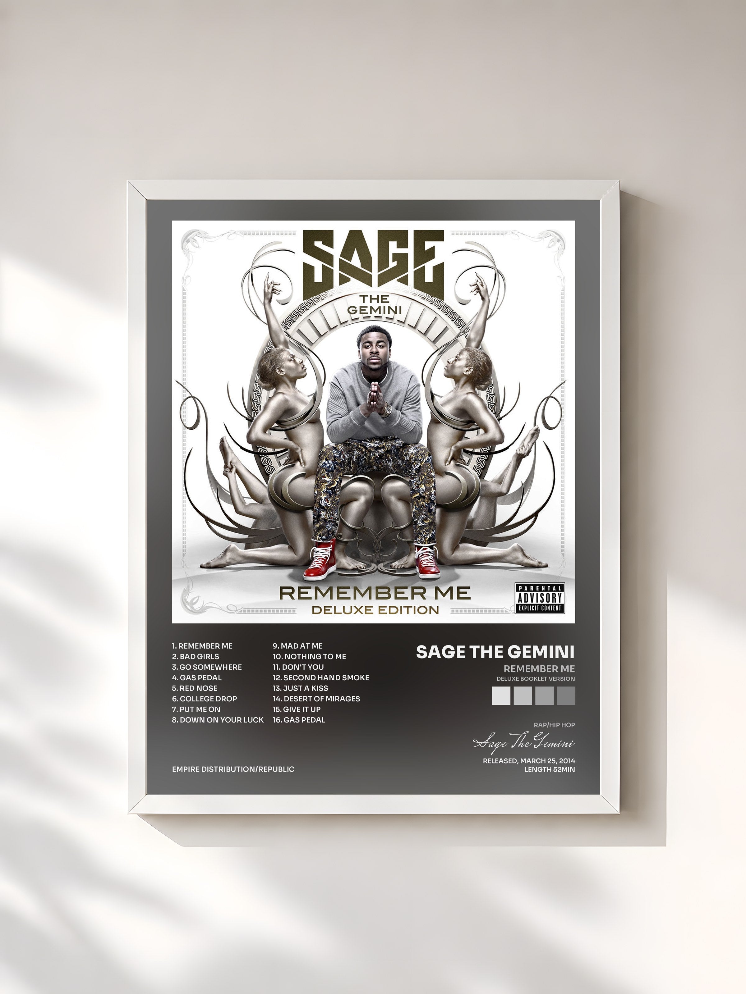 #blanc Tableau de l'album Remember Me (Deluxe Booklet Version) de Sage The Gemini, cadre blanc, imprimé et encadré en France