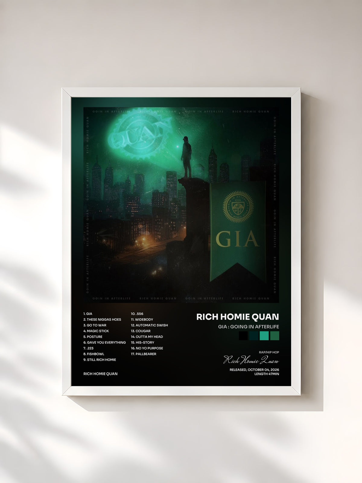 #blanc Tableau de l'album GIA : Going In Afterlife de Rich Homie Quan, cadre blanc, imprimé et encadré en France
