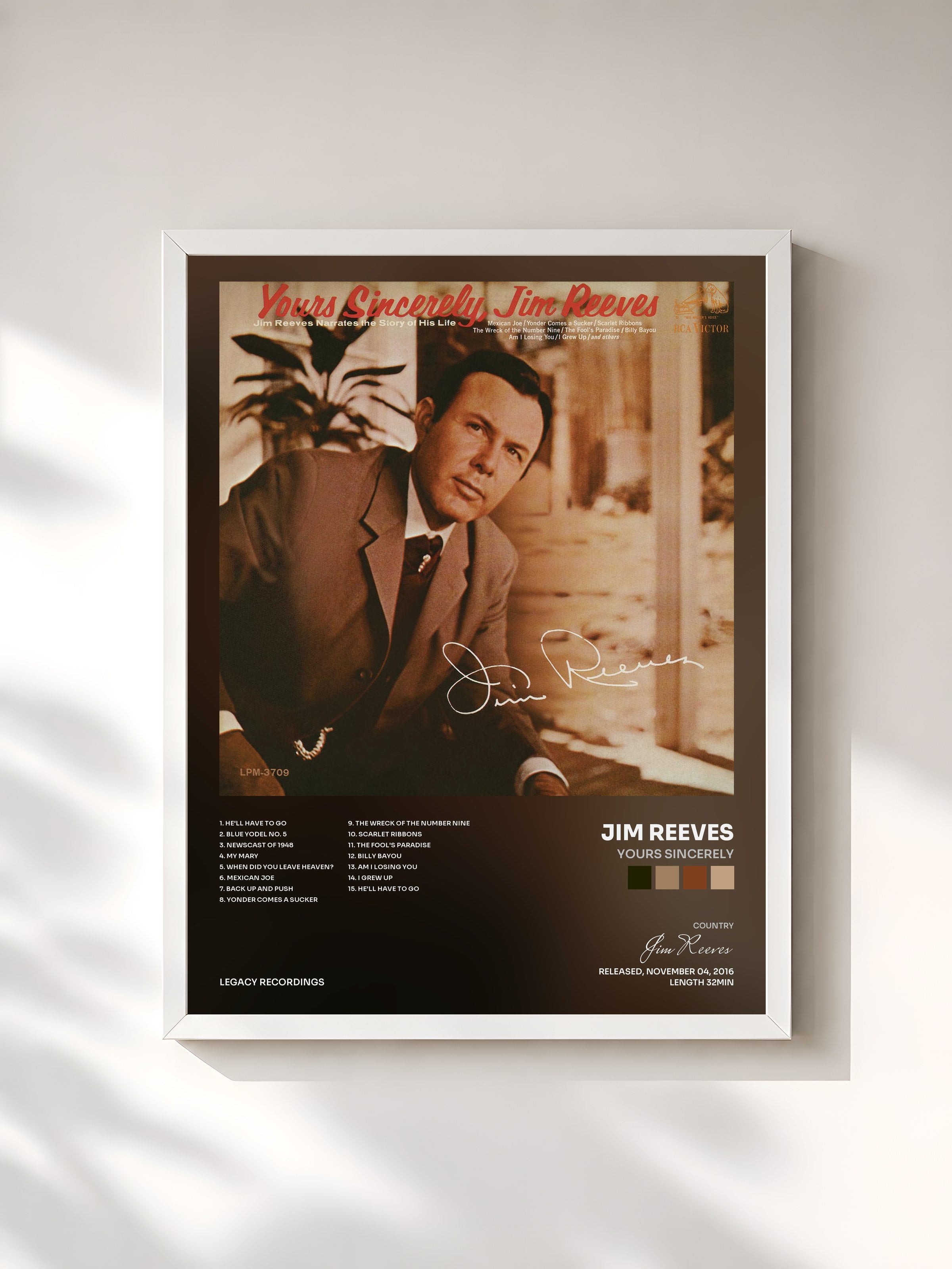 #blanc Tableau de l'album Yours Sincerely de Jim Reeves, cadre blanc, imprimé et encadré en France