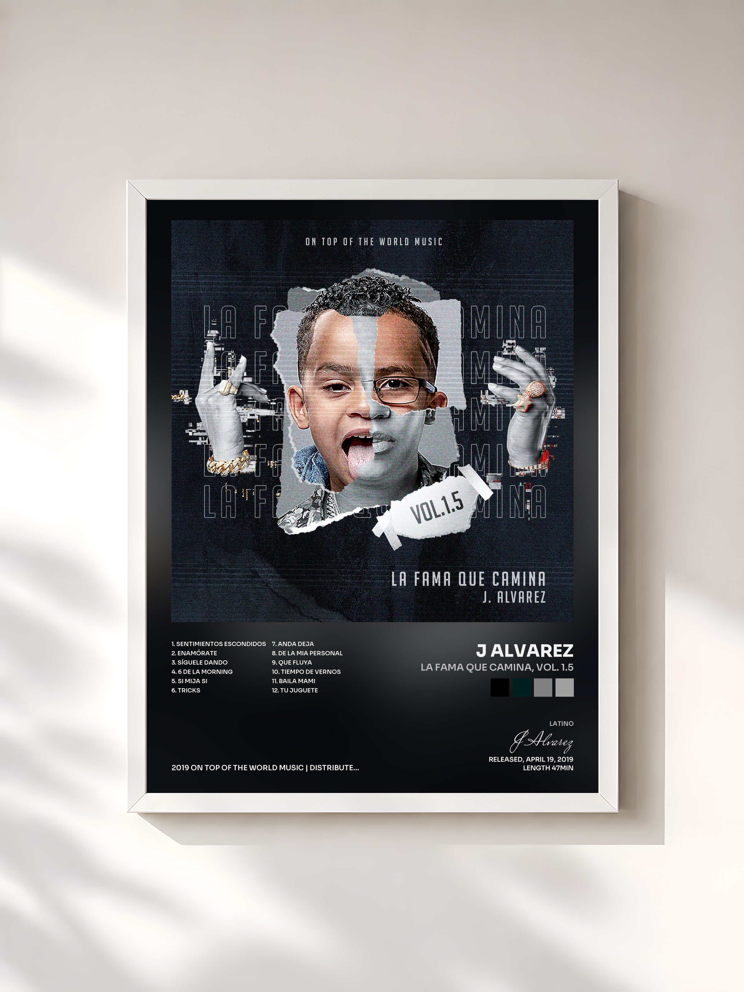 #blanc Tableau de l'album La Fama Que Camina, Vol. 1.5 de J Alvarez, cadre blanc, imprimé et encadré en France