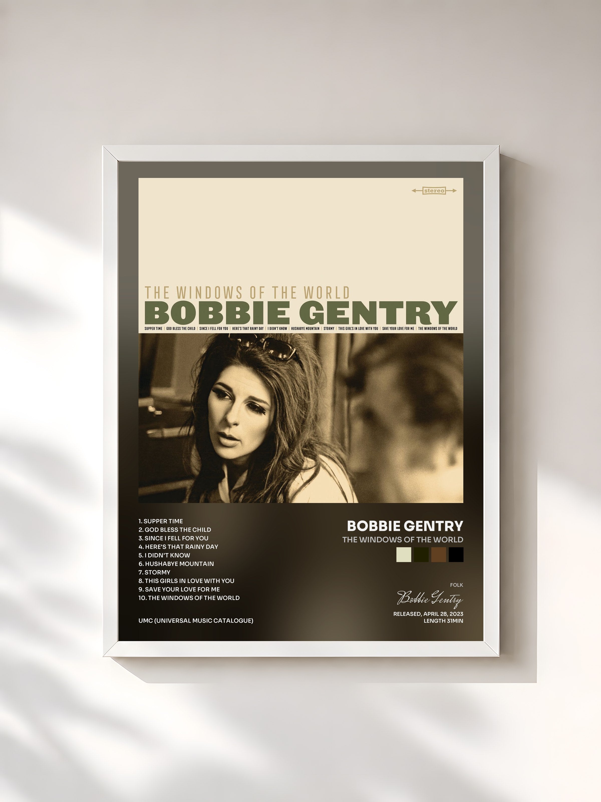 #blanc Tableau de l'album The Windows Of The World de Bobbie Gentry, cadre blanc, imprimé et encadré en France