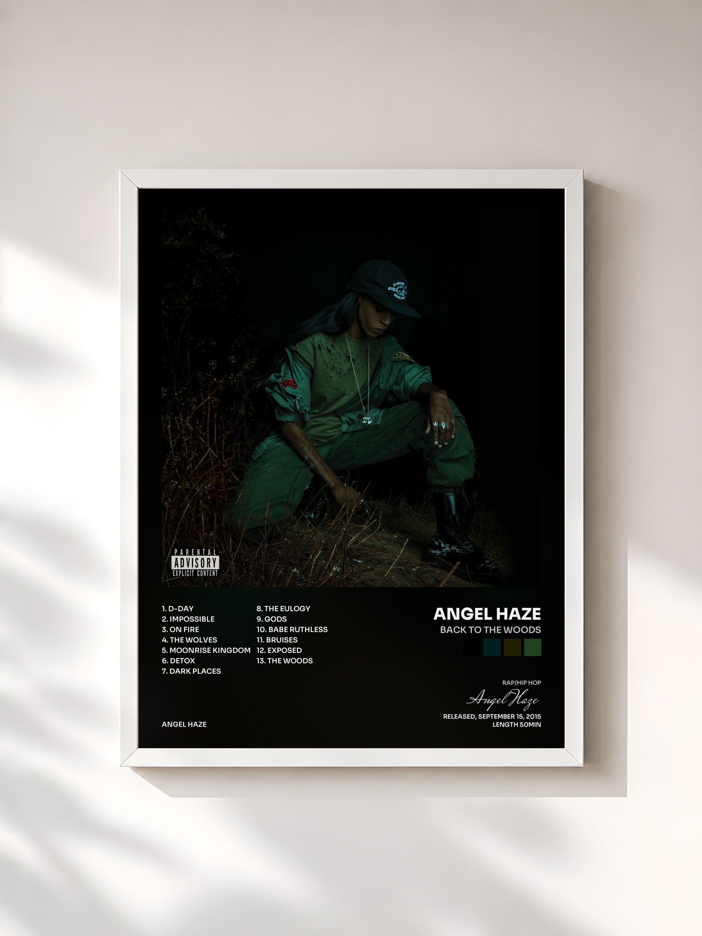 #blanc Tableau de l'album Back to the Woods de Angel Haze, cadre blanc, imprimé et encadré en France