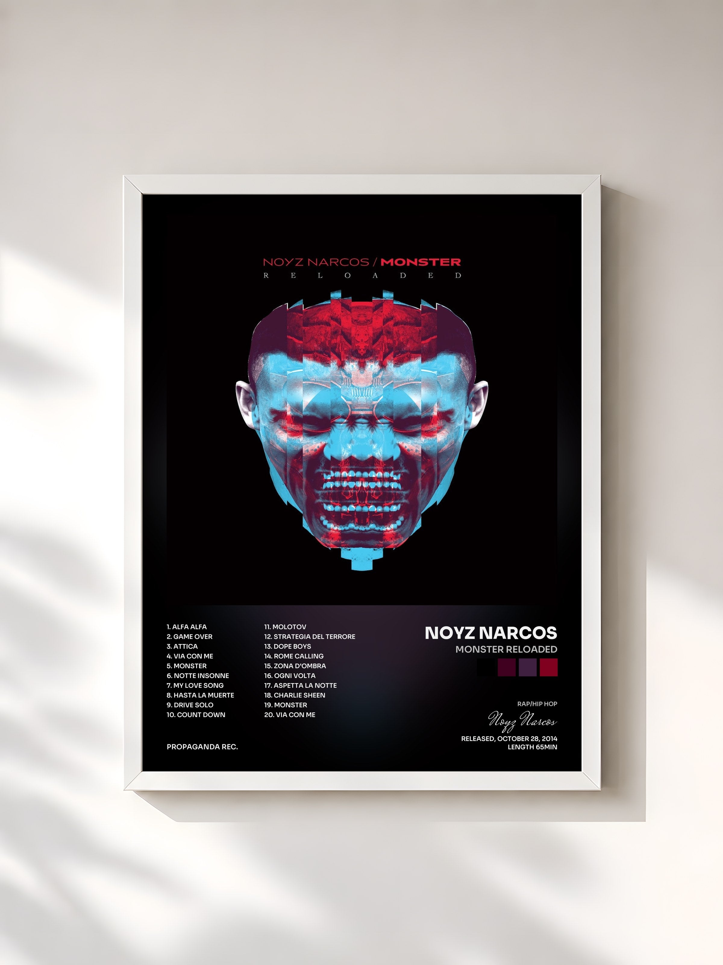 #blanc Tableau de l'album Monster Reloaded de Noyz Narcos, cadre blanc, imprimé et encadré en France